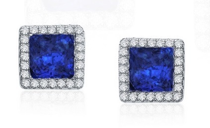Small Square Created Sapphire Studs with Halo