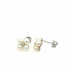 White Gold Pearl and Diamond Clover Earrings