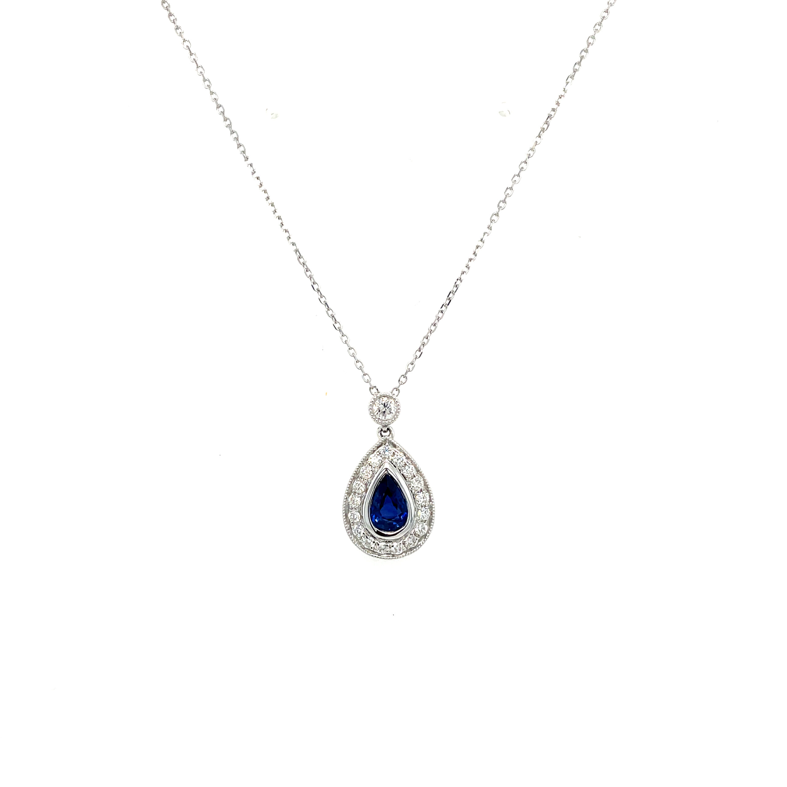 White Gold Sapphire and Diamond Pear Drop Pendant Necklace