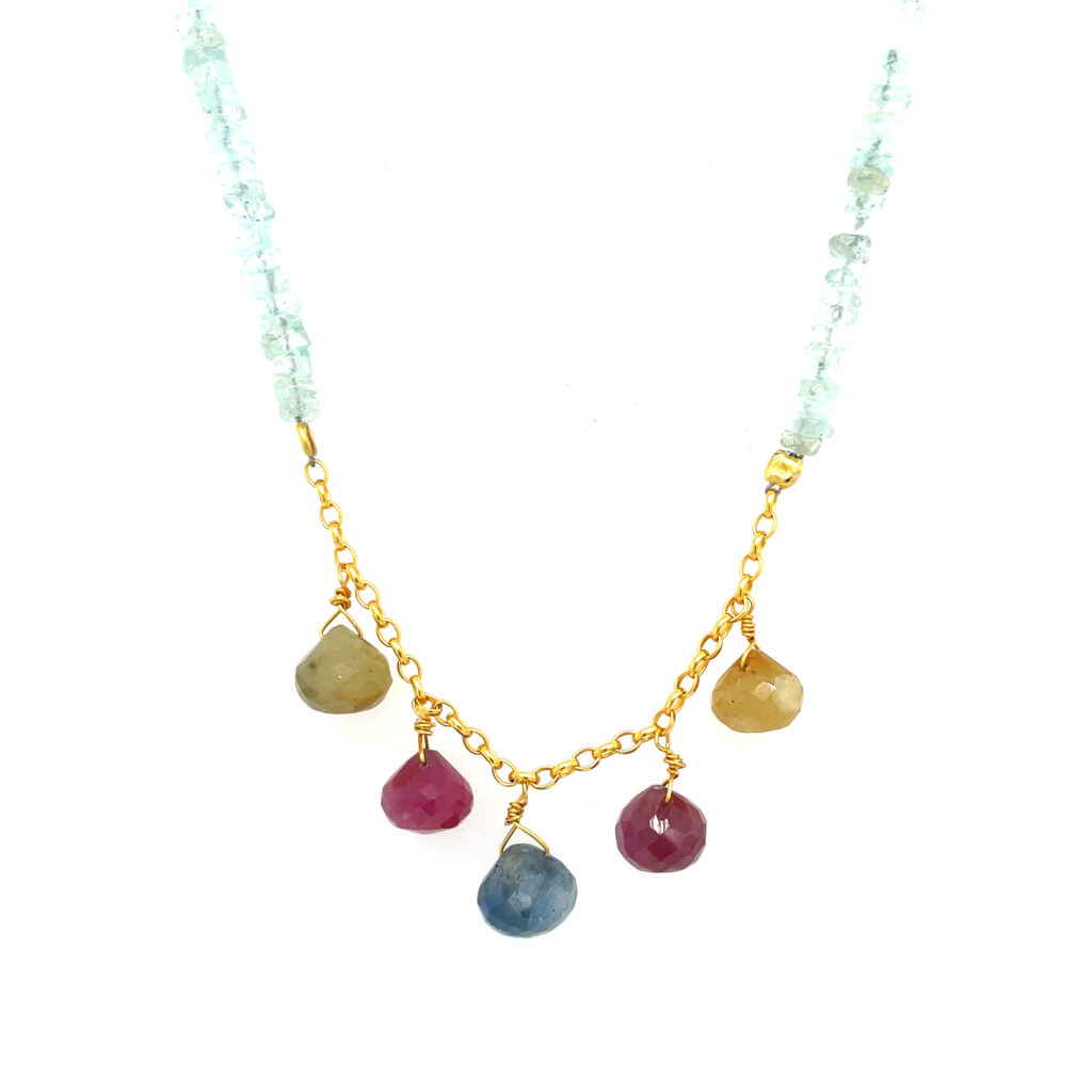 Gold Plated Sterling Silver Aquamarine and Sapphire Bead Necklace