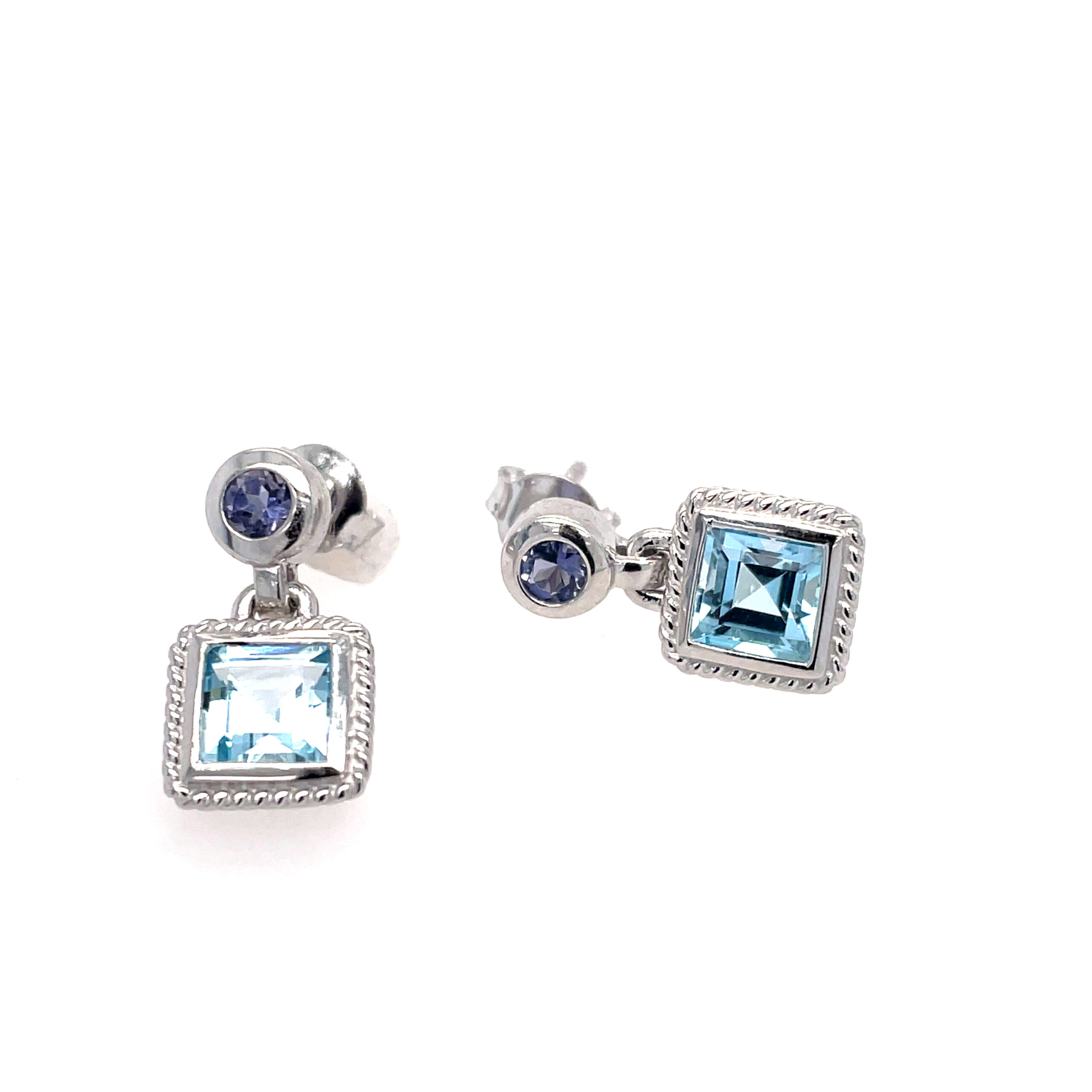 Sterling Silver Blue Topaz and Iolite Square Dangle Earrings