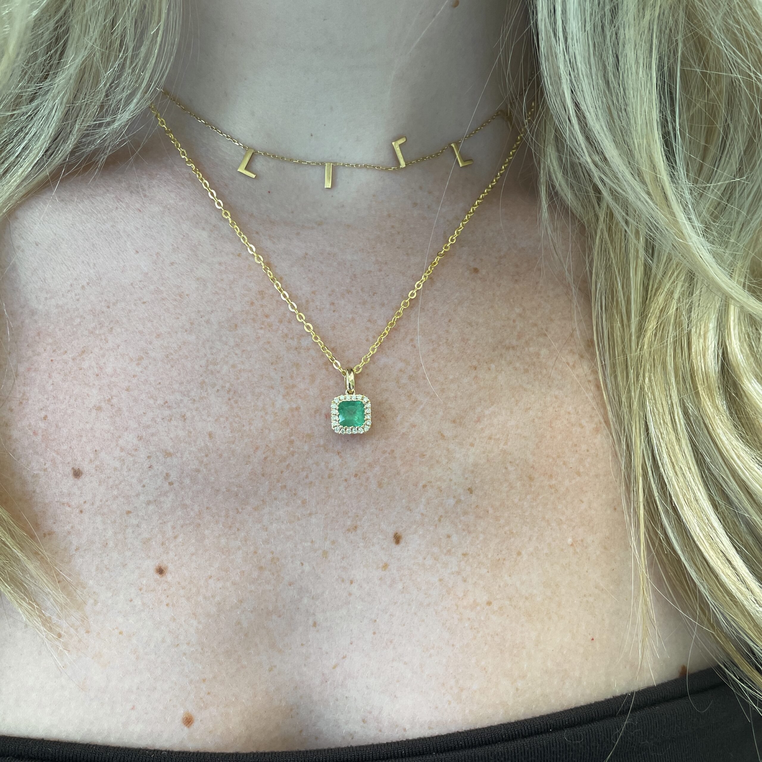 Yellow Gold Emerald Necklace with Diamond Halo