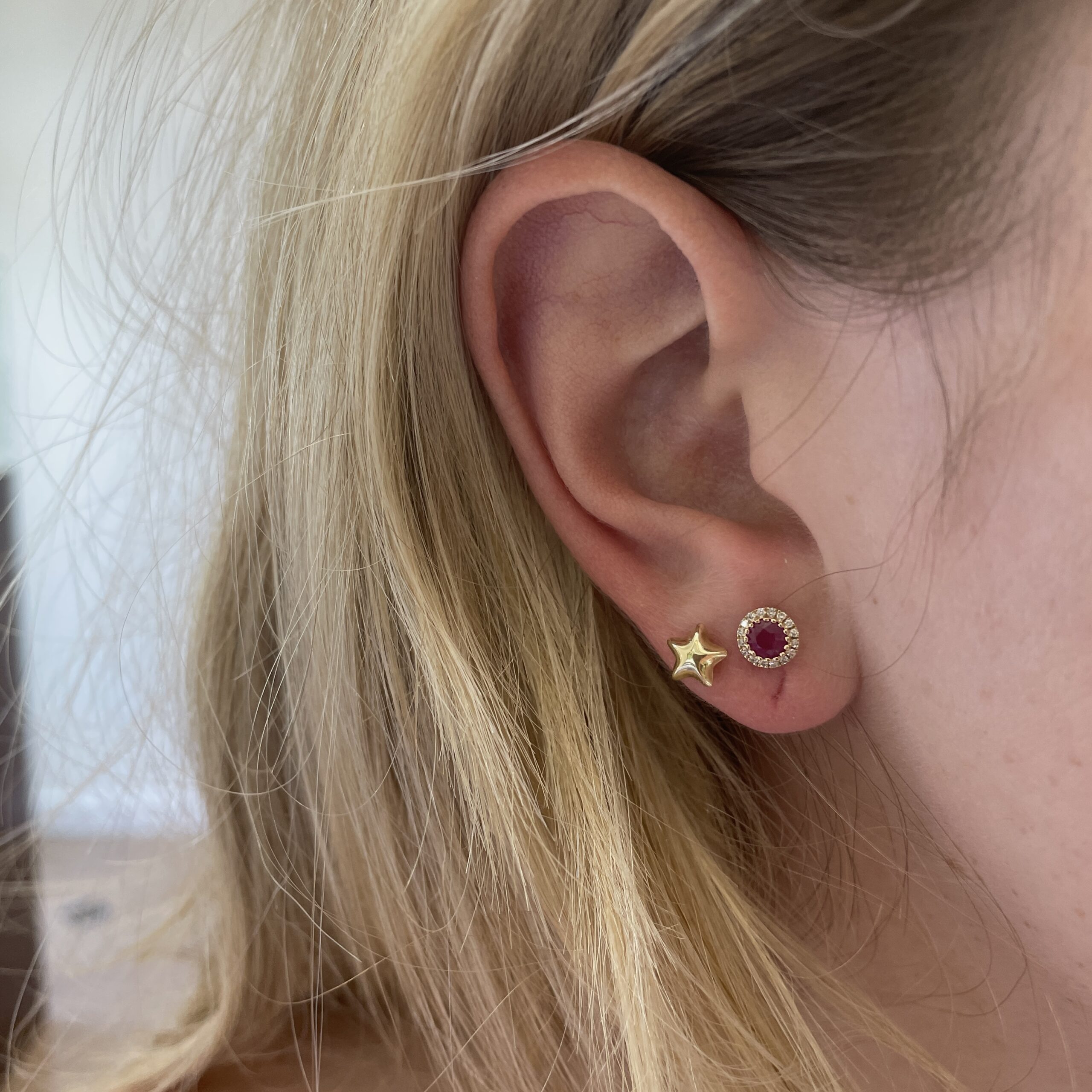 Yellow Gold Ruby Studs with Diamond Halo