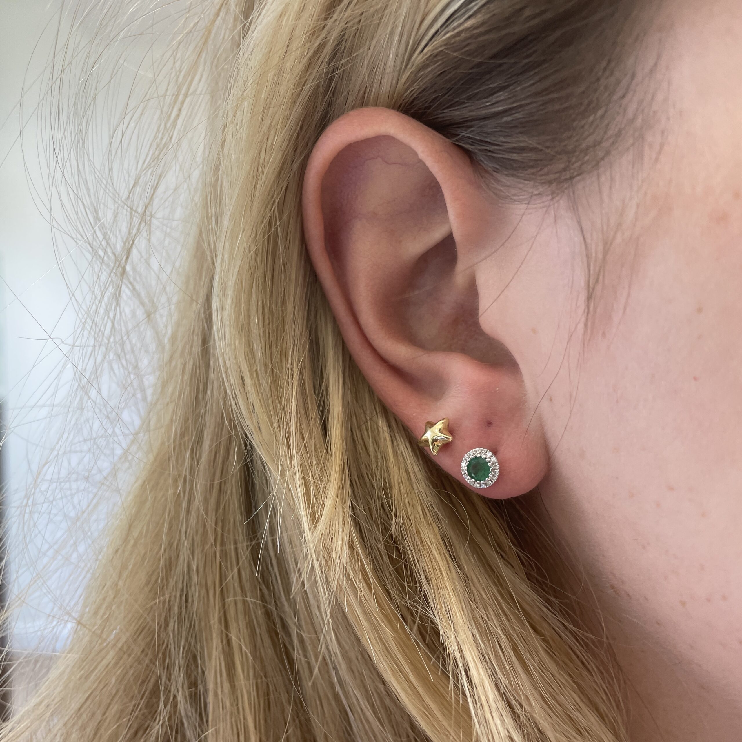 White Gold Emerald Studs with Diamond Halo