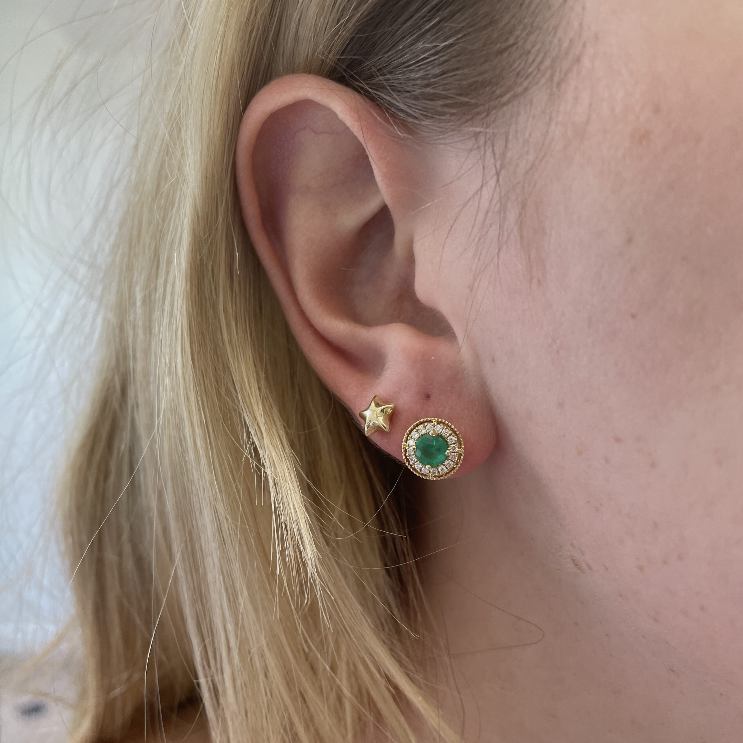 Yellow Gold Emerald Studs with Diamond Halo