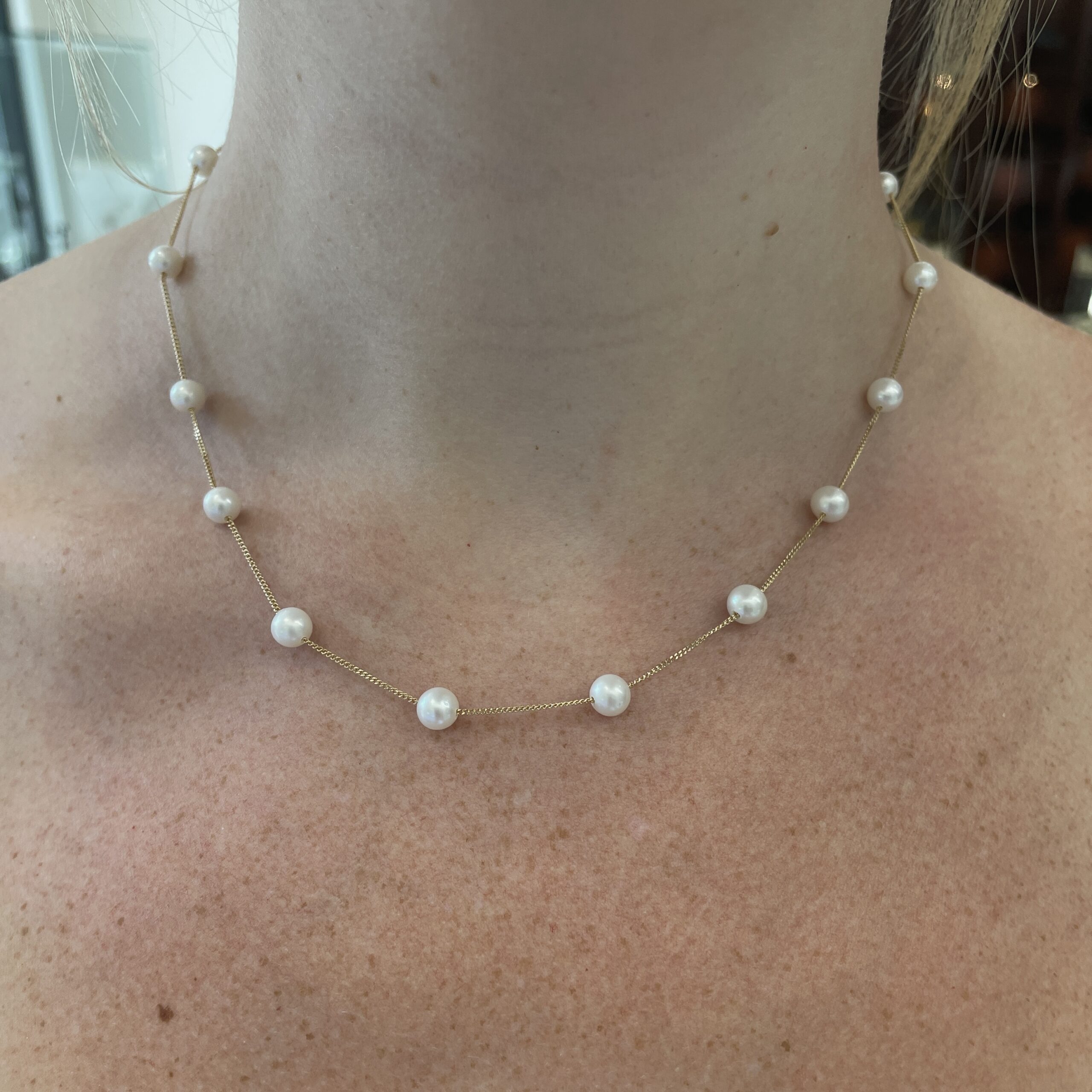 Yellow Gold Freshwater Pearl Station Necklace