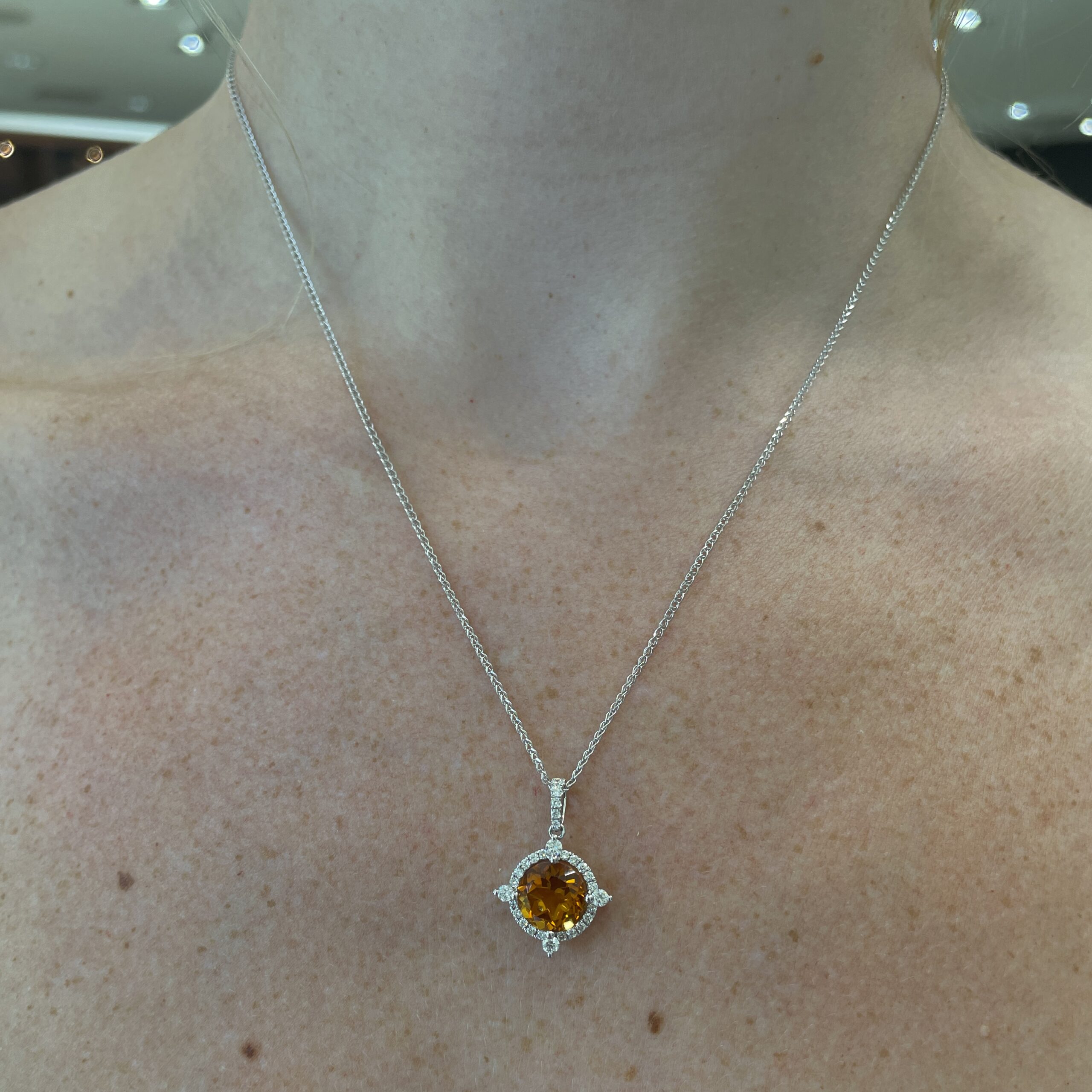 White Gold Citrine and Diamond Halo Necklace