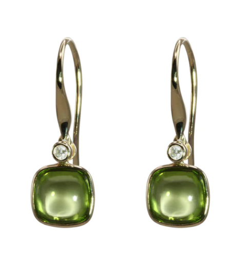 Yellow Gold Cushion Shaped Peridot Briolette and Diamond Earrings