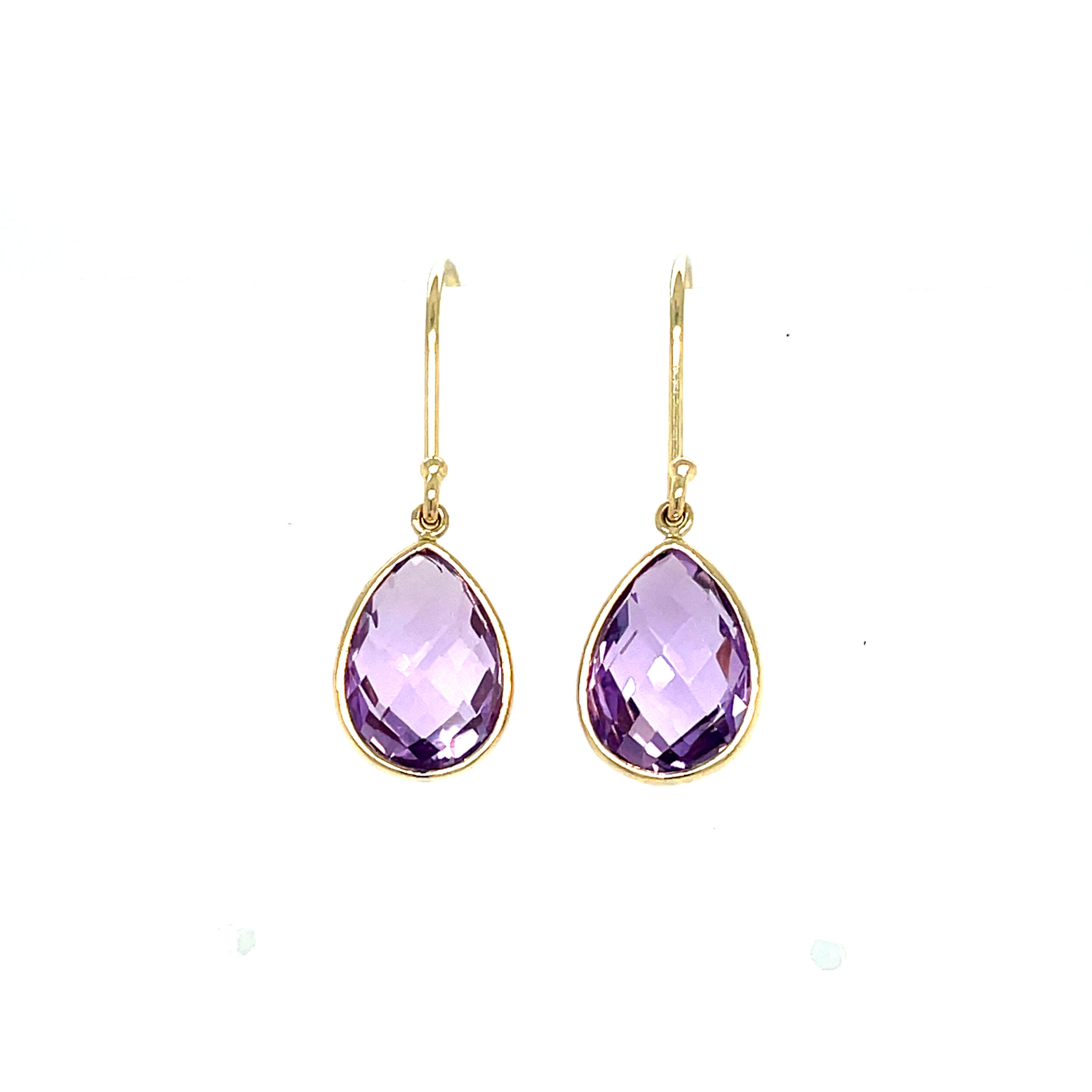 Yellow Gold Pear Shaped Amethyst Briolette Earrings