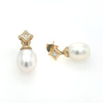 Yellow Gold Freshwater Pearl Drop Earrings with Diamonds