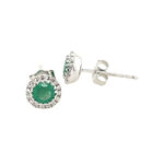 White Gold Emerald Studs with Diamond Halo