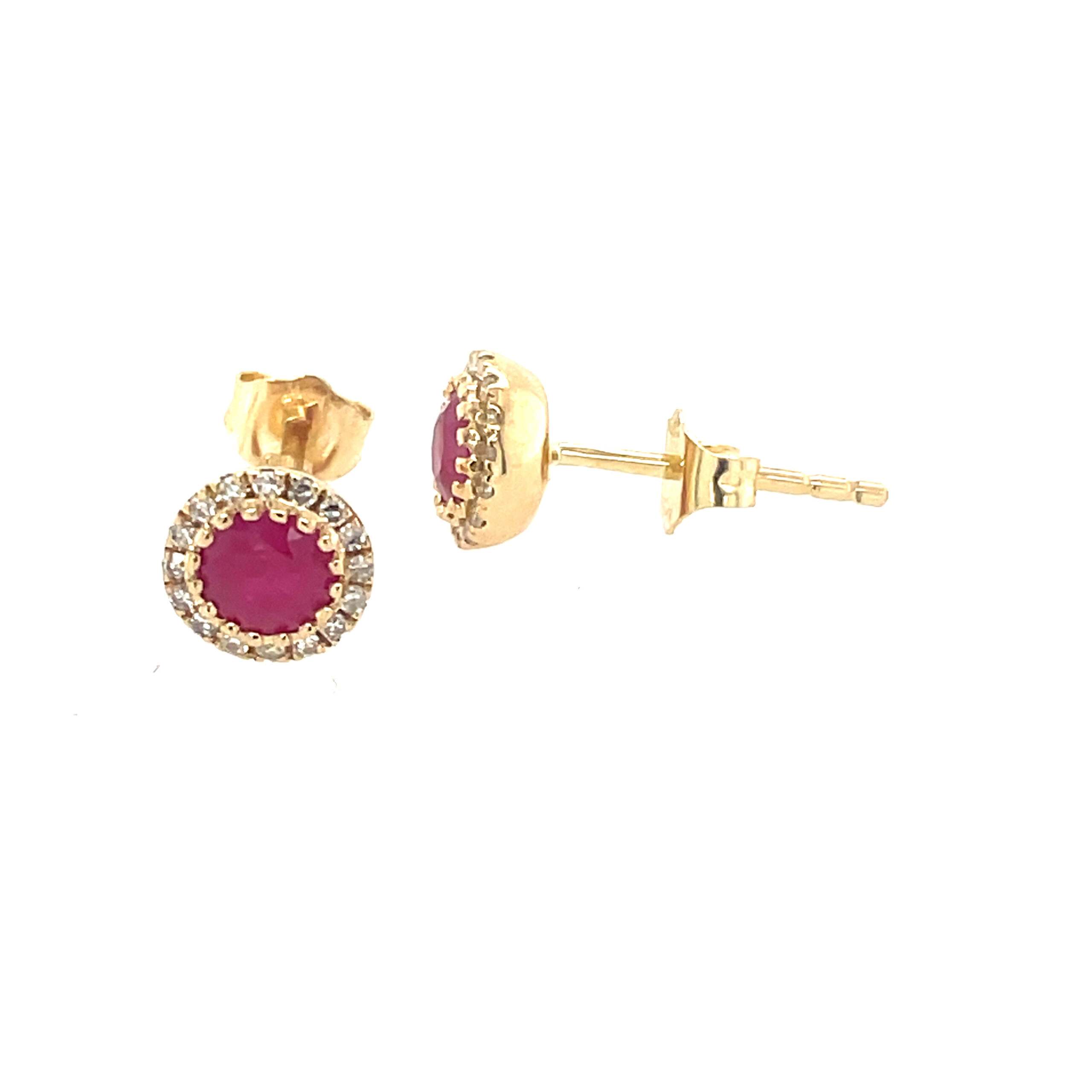 Yellow Gold Ruby Studs with Diamond Halo