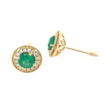 Yellow Gold Emerald Studs with Diamond Halo