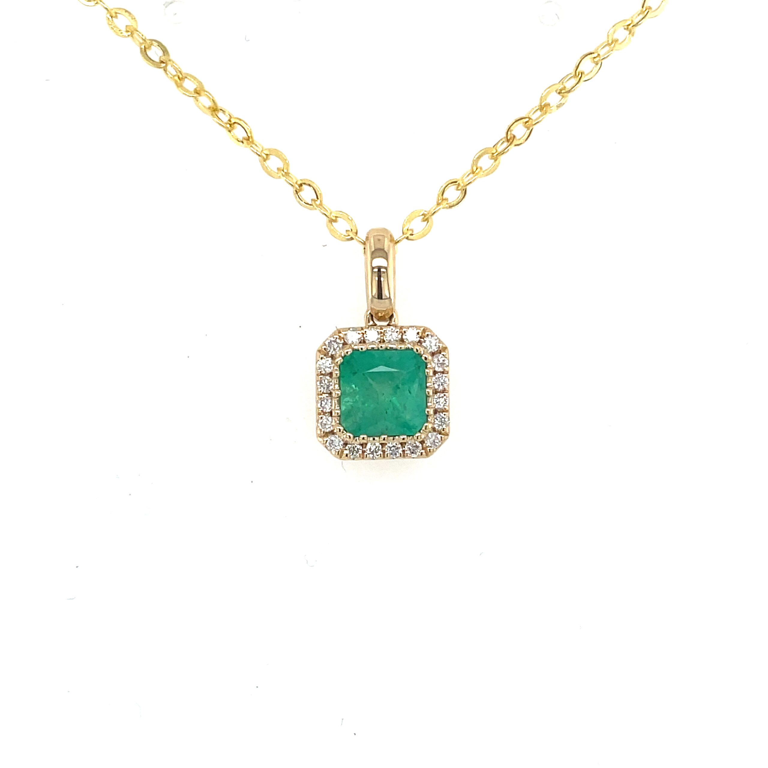 Yellow Gold Emerald Necklace with Diamond Halo