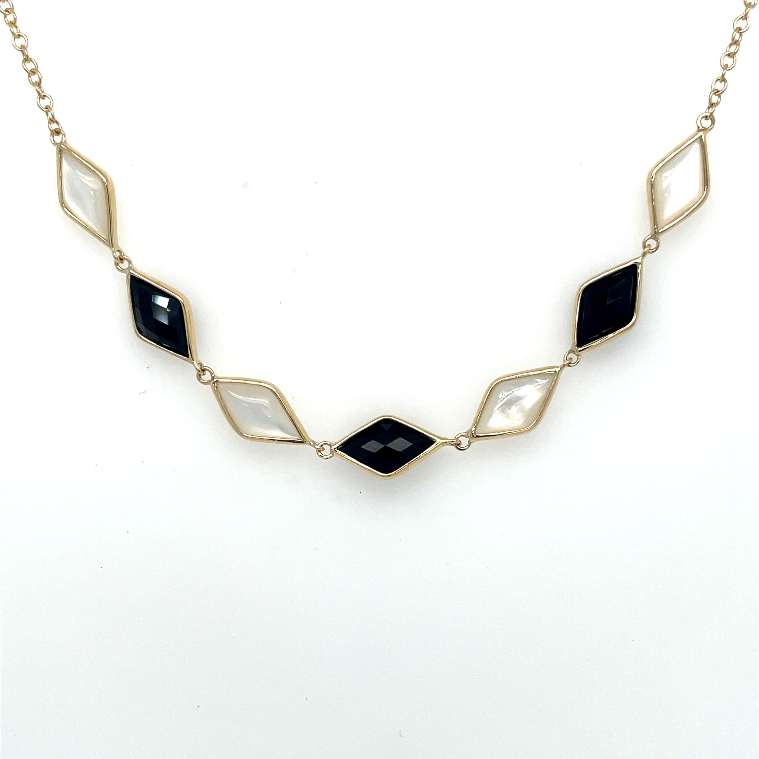 Yellow Gold Mother of Pearl & Black Onyx Briolette Station Necklace