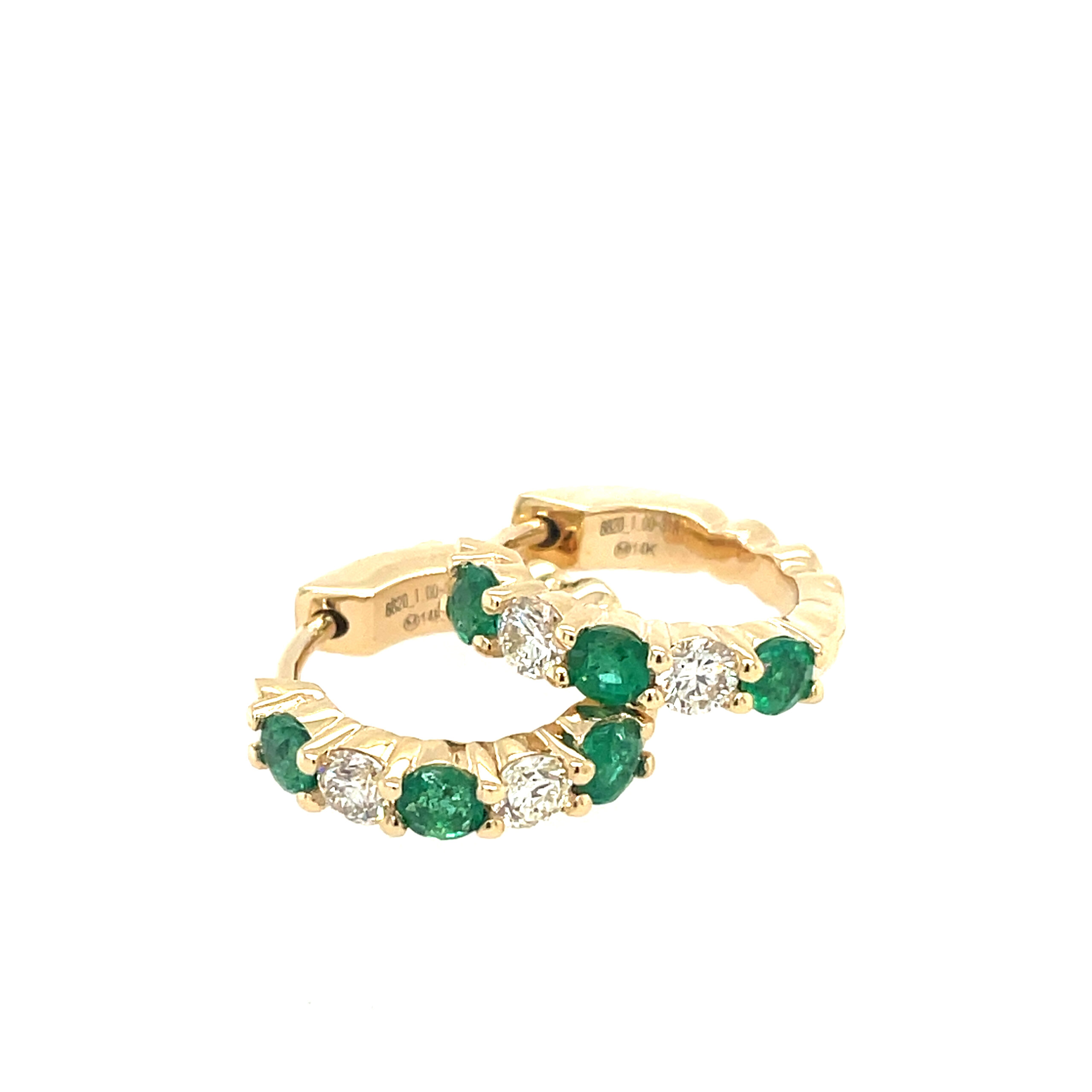 Yellow Gold Emerald and Diamond Huggie Hoop Earrings