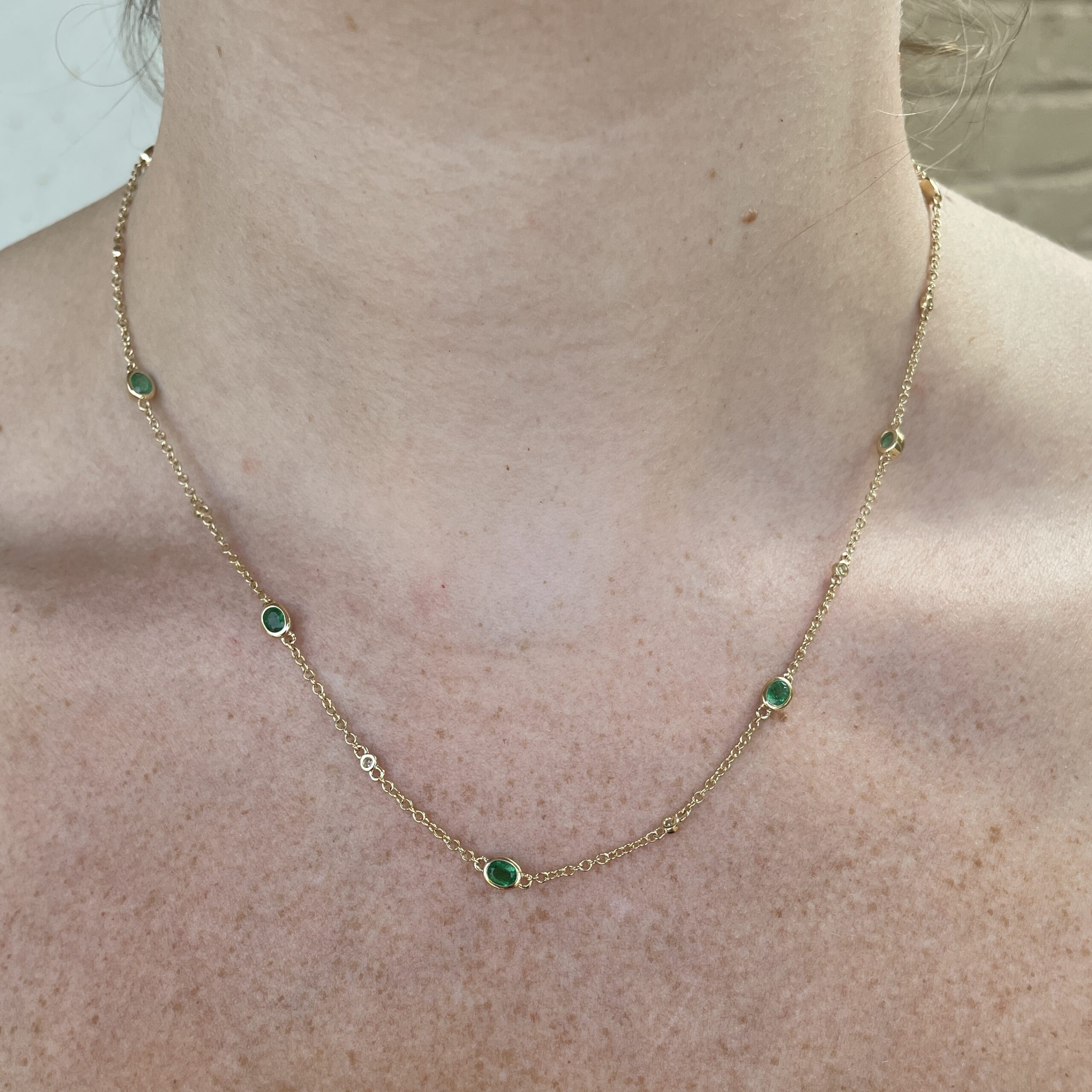 Yellow Gold Emerald and Diamond Station Necklace