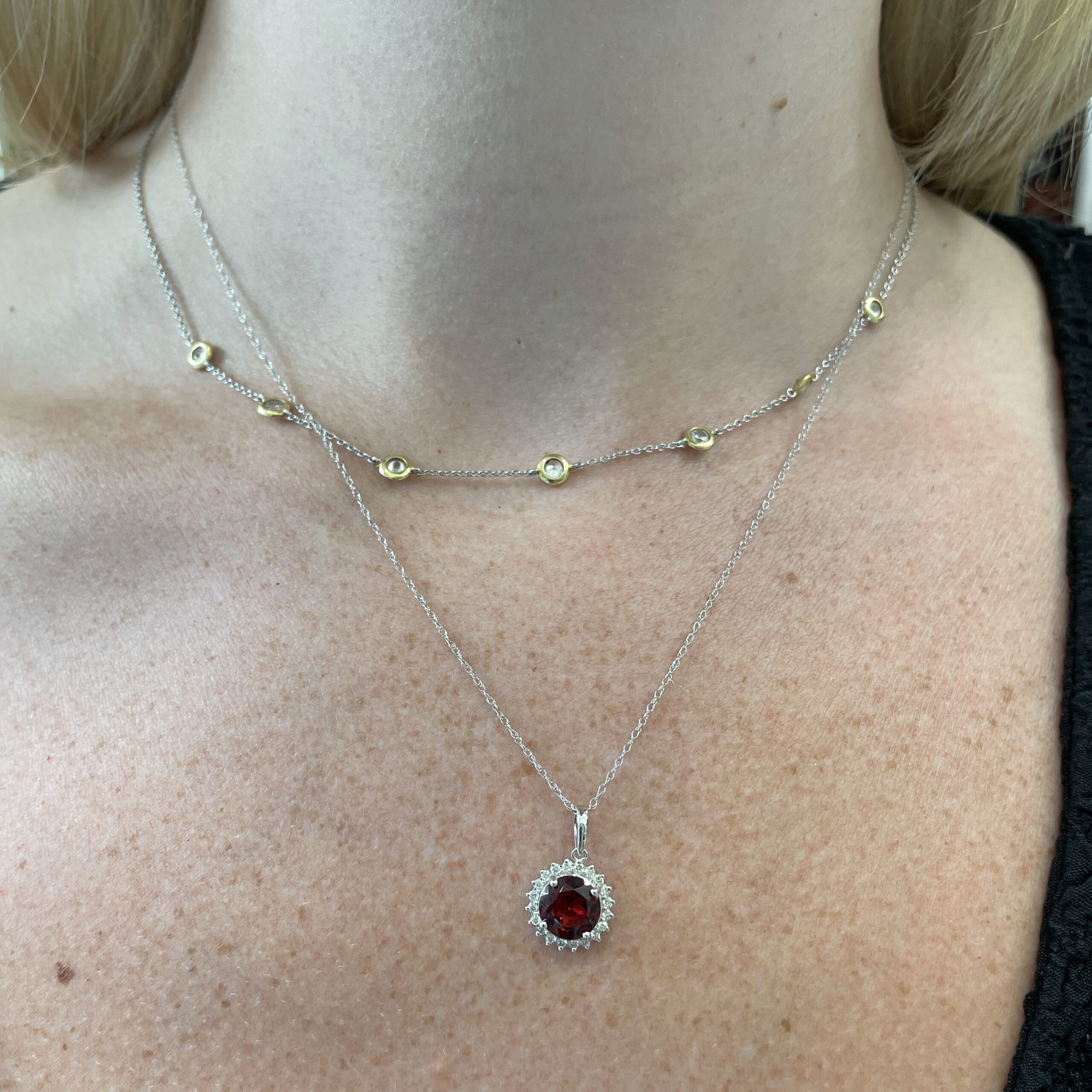 White Gold Garnet Necklace with Diamond Halo