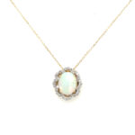 Yellow Gold Opal Pendant Necklace with Scalloped Diamond Halo