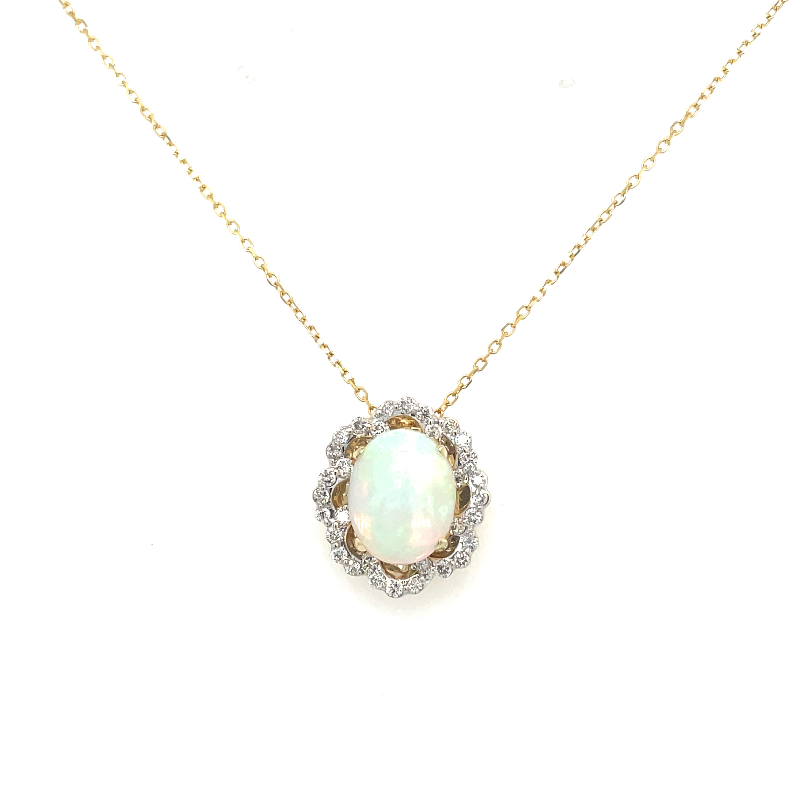 Yellow Gold Opal Pendant Necklace with Scalloped Diamond Halo