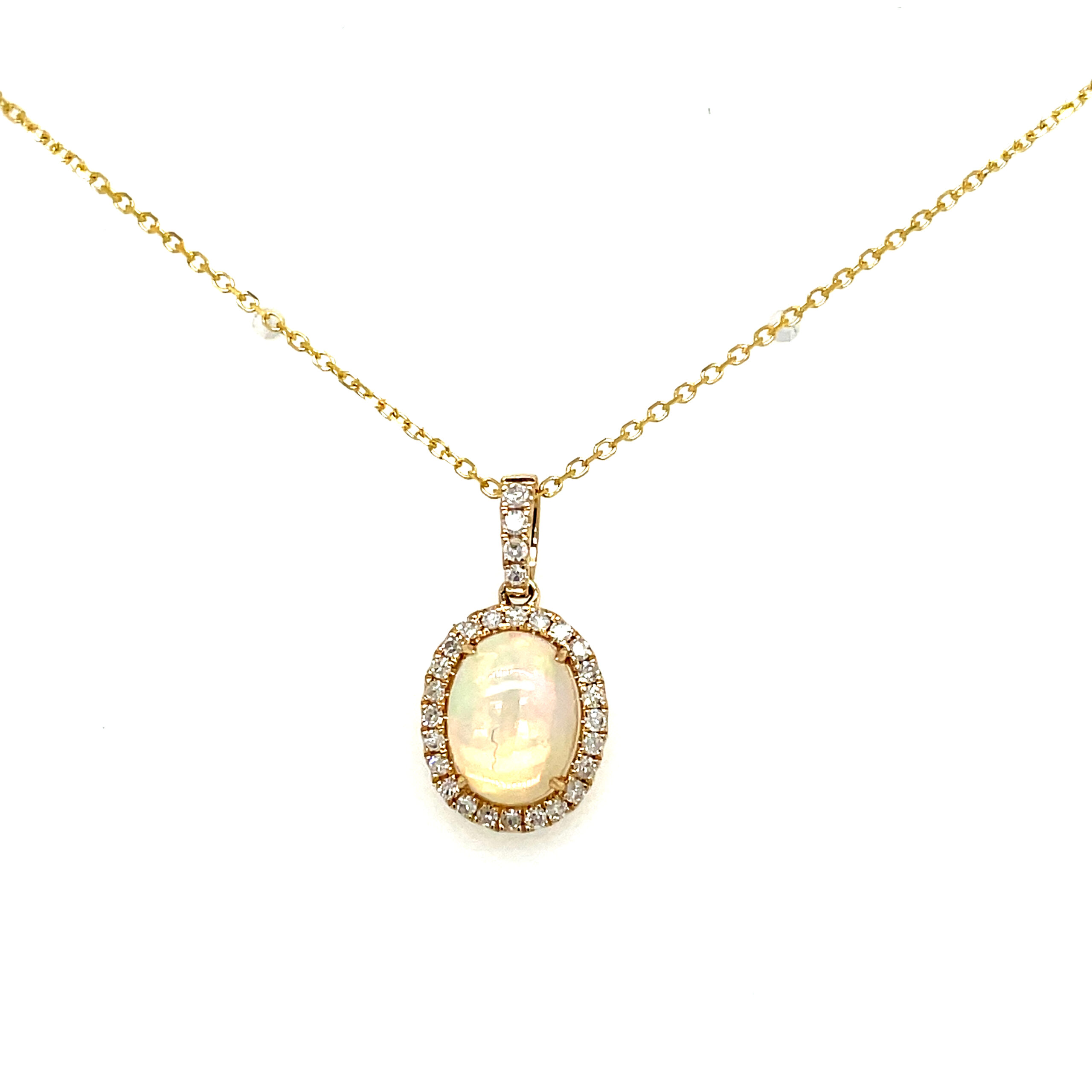 Yellow Gold Opal Pendant Necklace with Diamond Halo