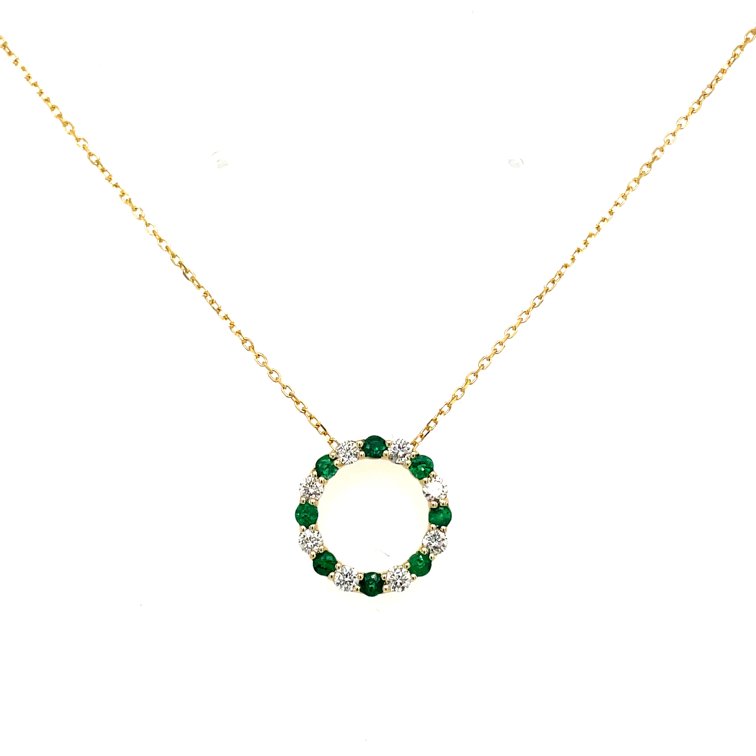 Yellow Gold Emerald and Diamond Circle Pendant Necklace