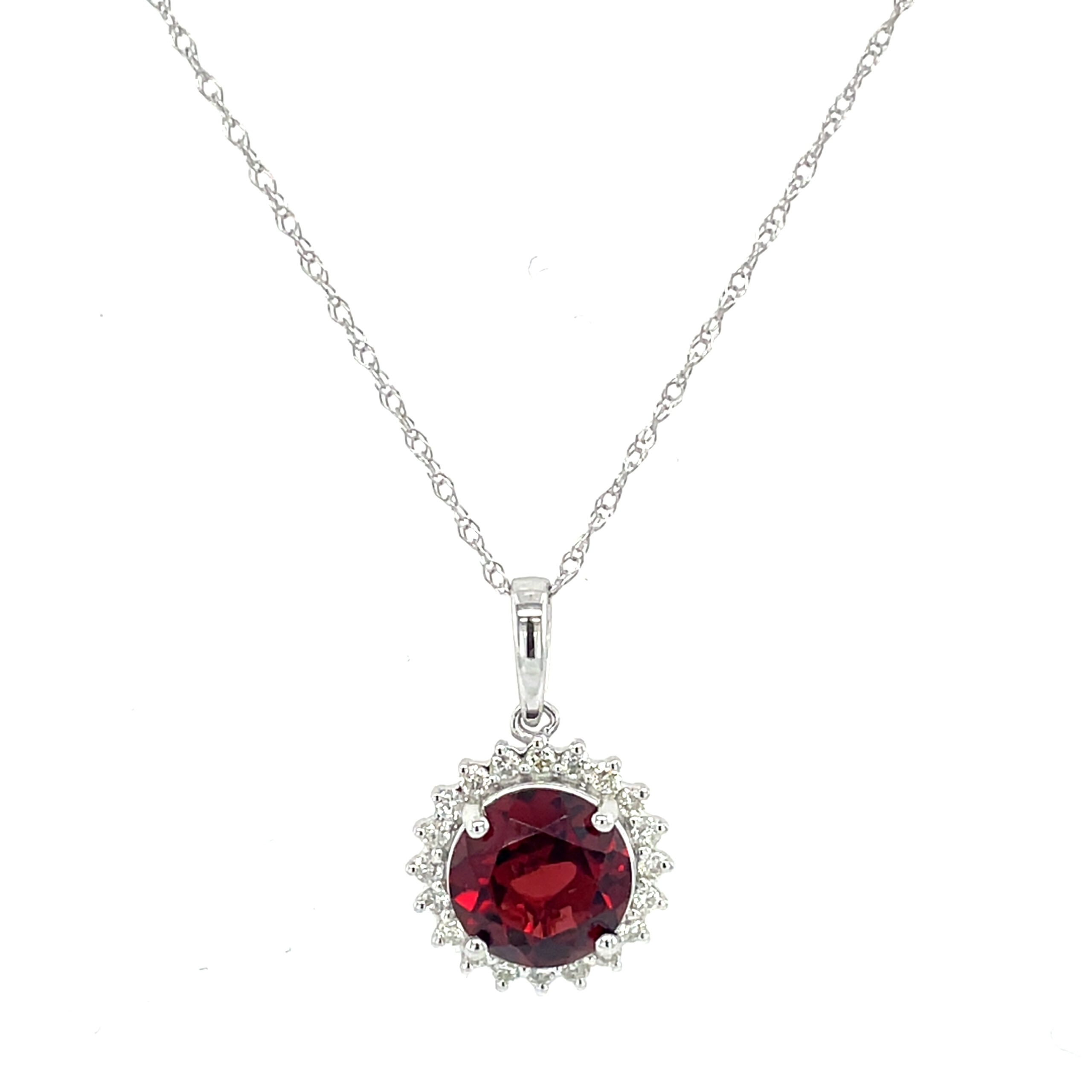 White Gold Garnet Necklace with Diamond Halo