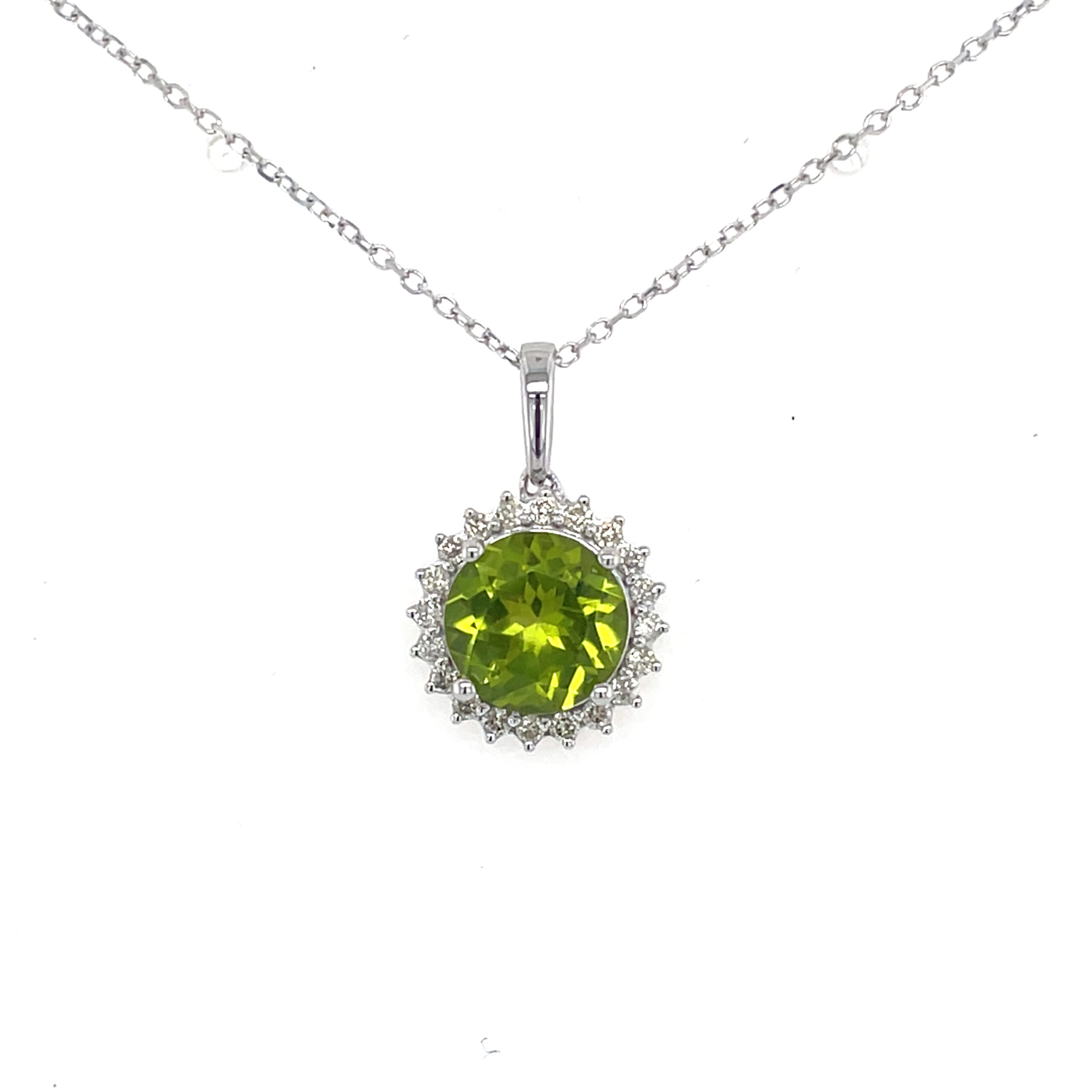 White Gold Peridot Necklace with Diamond Halo