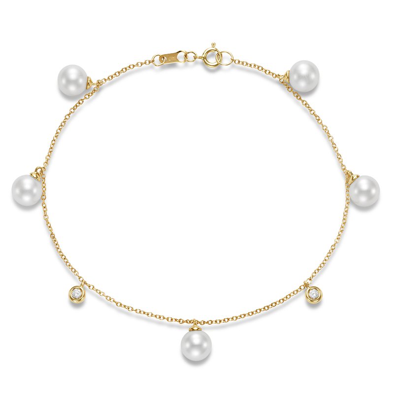 Yellow Gold Freshwater Pearl and Diamond Station Bracelet