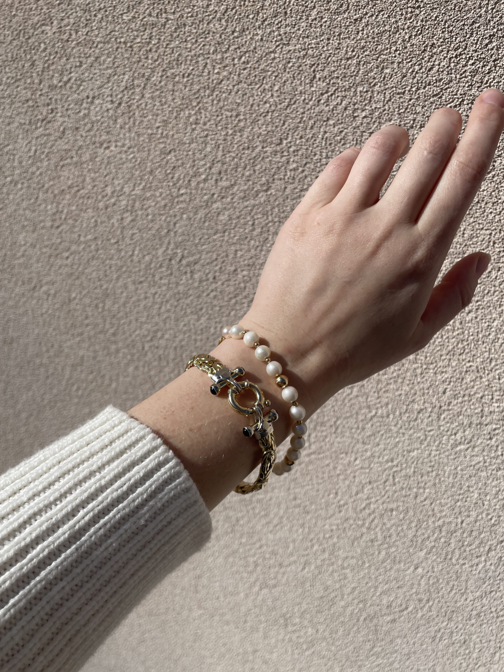 Estate: Yellow Gold Bead and Freshwater Pearl Row Bracelet