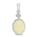 White Gold Oval Opal Necklace with Diamond Millgrain