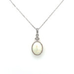 White Gold Oval Opal Necklace with Diamond Millgrain