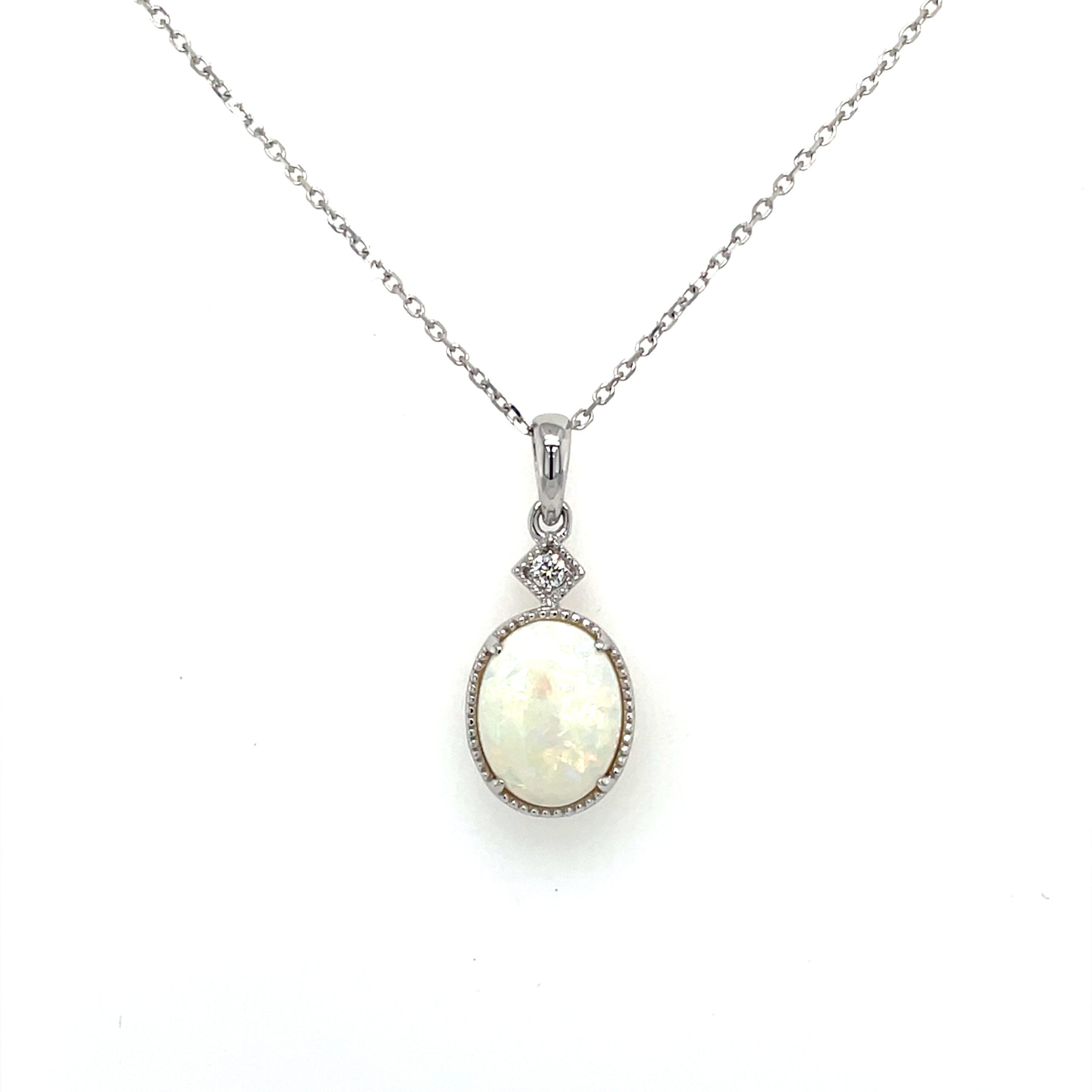 White Gold Oval Opal Necklace with Diamond Millgrain