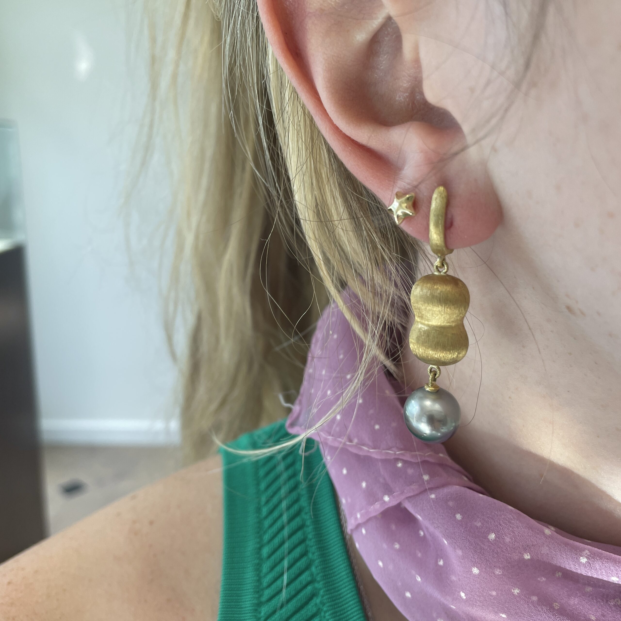 Estate: Yellow Gold Drop Earrings with Tahitian Pearls