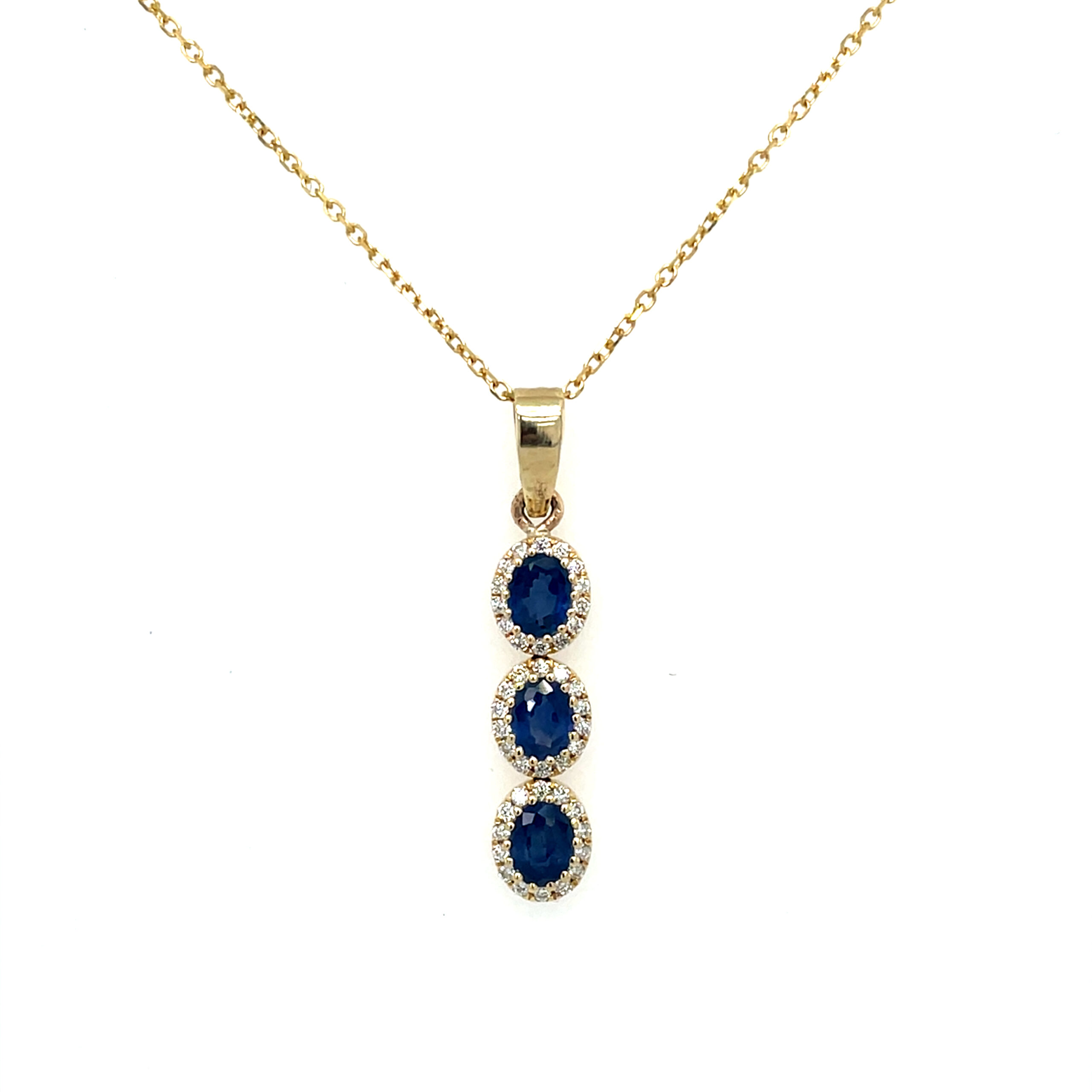 Estate:  Yellow Gold Triple Drop Sapphire Necklace with Diamonds