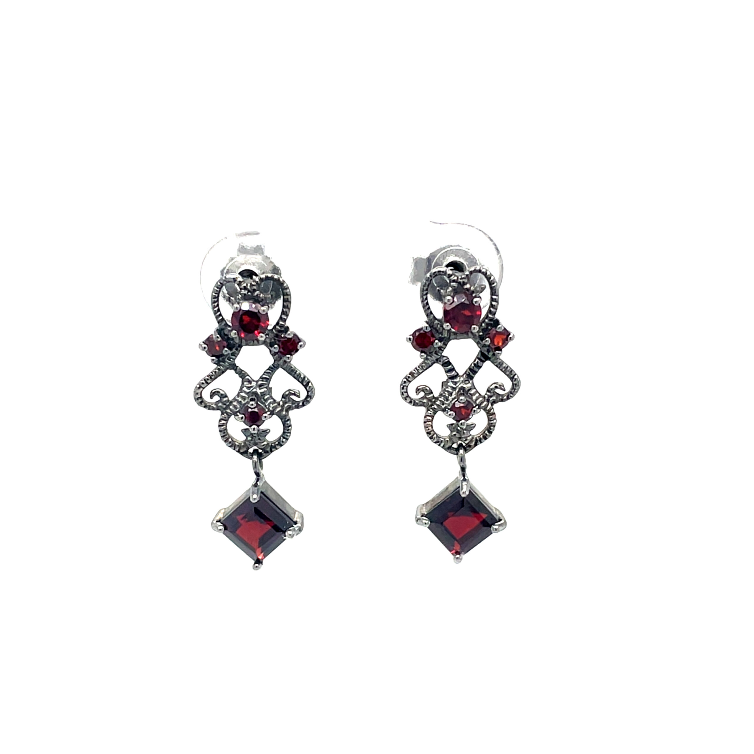 Black Rhodium-Plated Sterling Silver Antique-Inspired Garnet Earrings