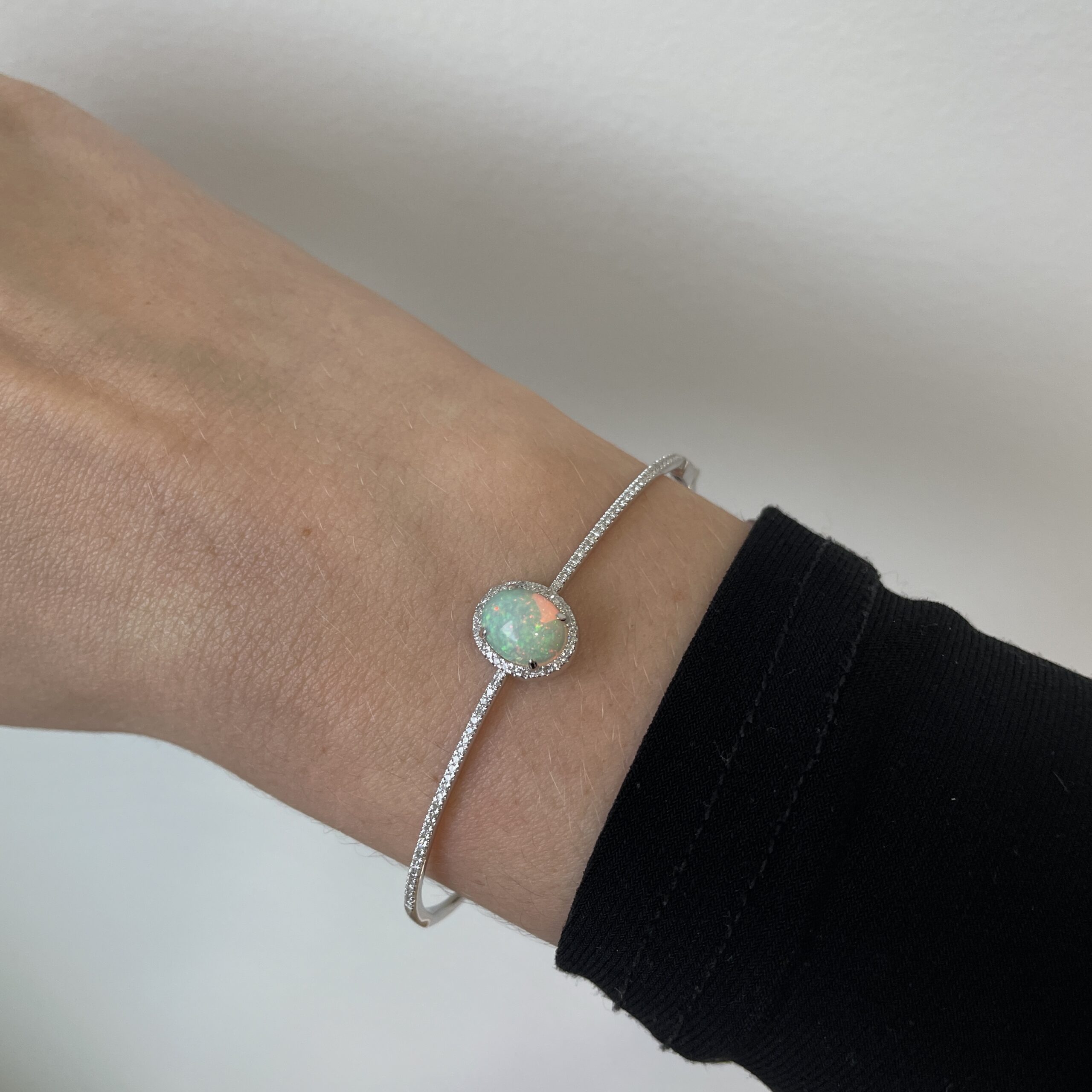 White Gold Bangle with Diamonds & Opal