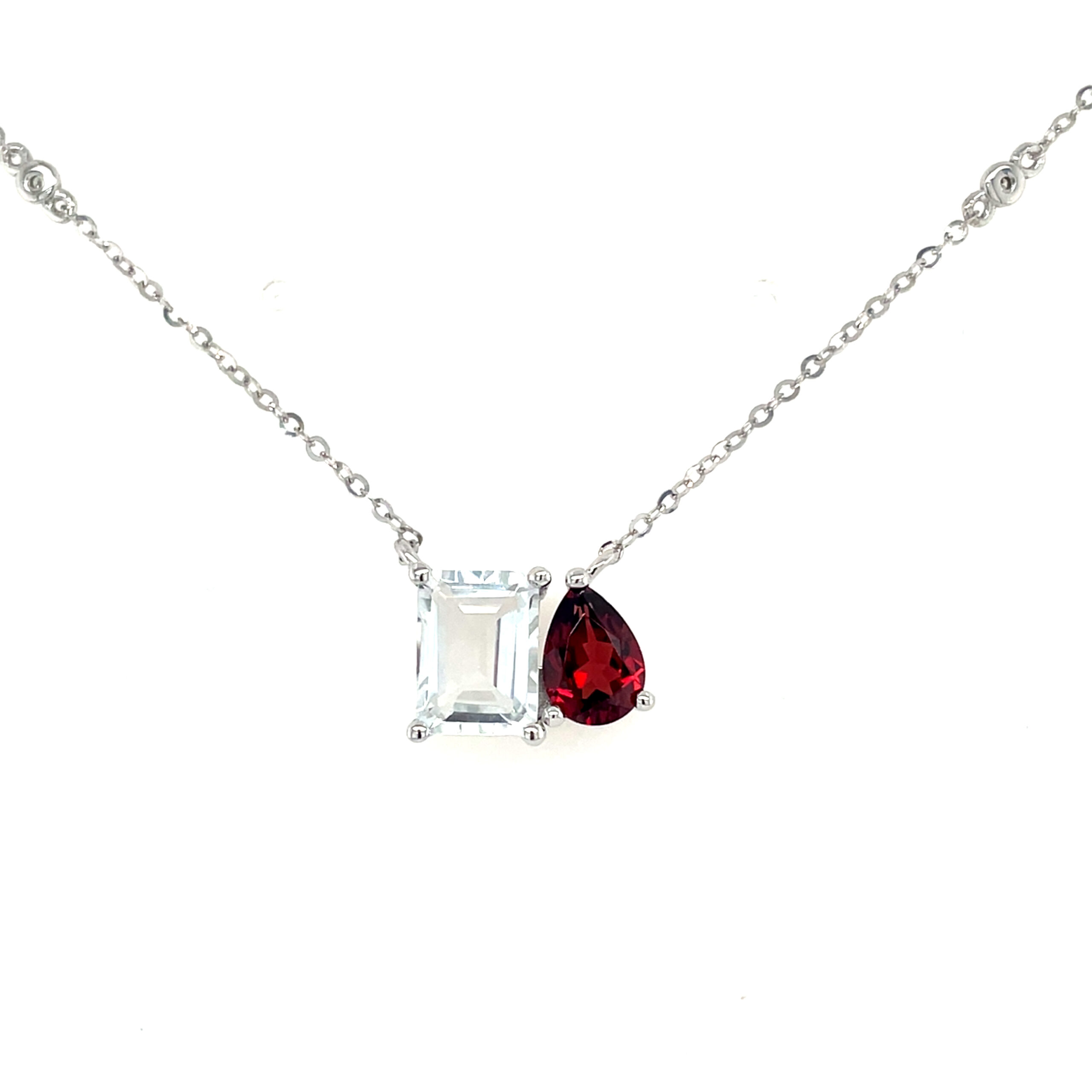 White Gold White Topaz, Garnet, & Diamond Necklace