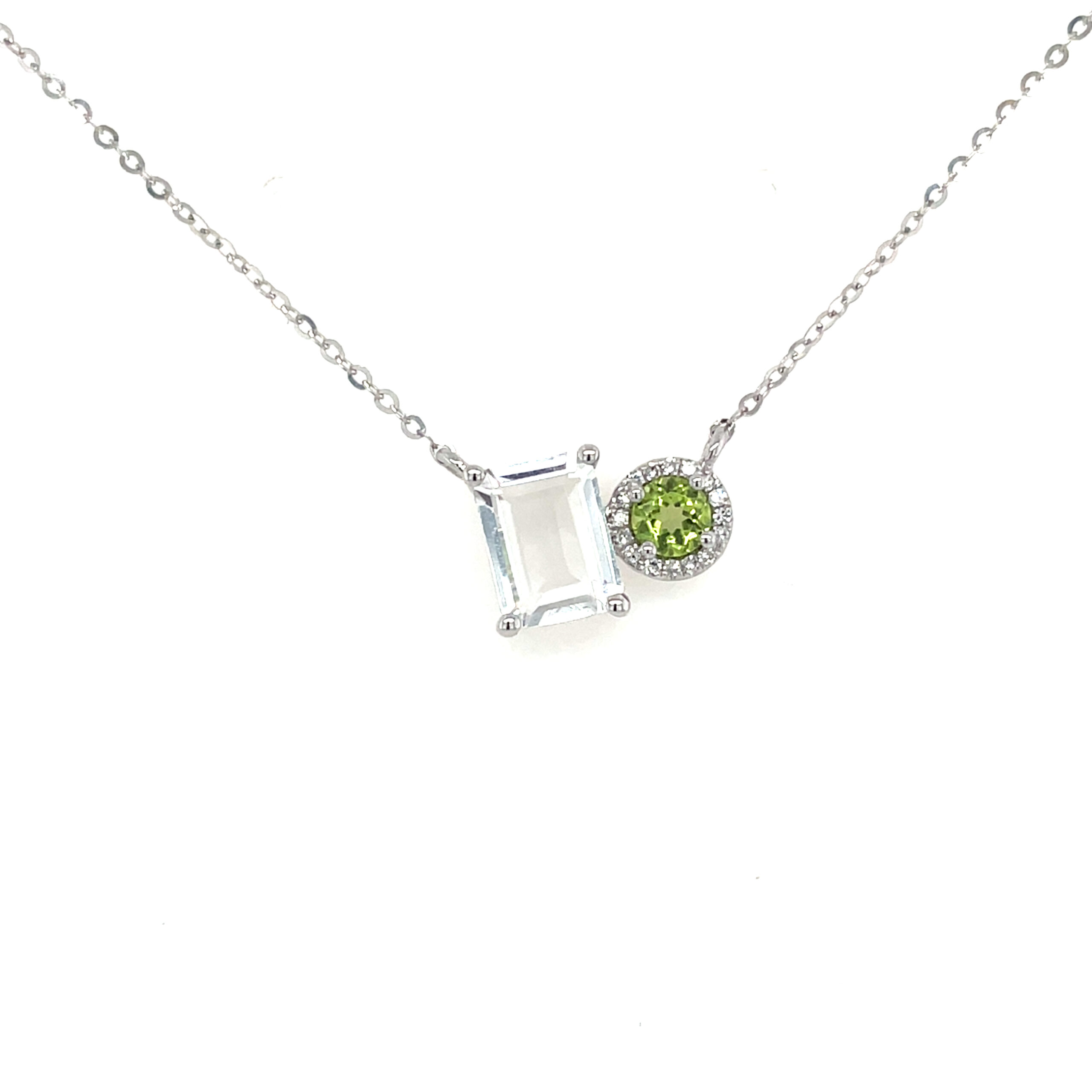 White Gold White Topaz, Peridot, & Diamond Halo Necklace