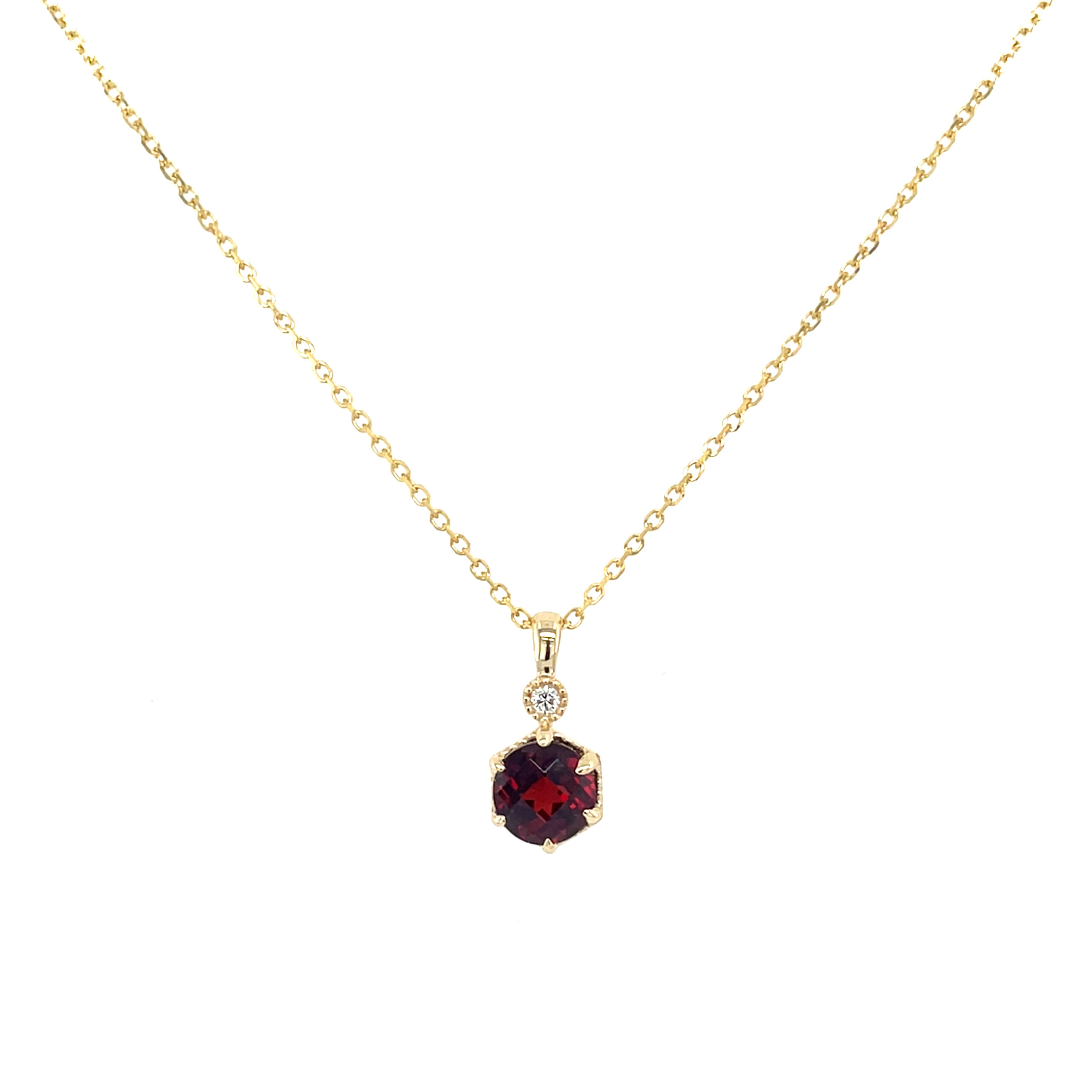 Yellow Gold Round Garnet Hexagon Milgrain Necklace