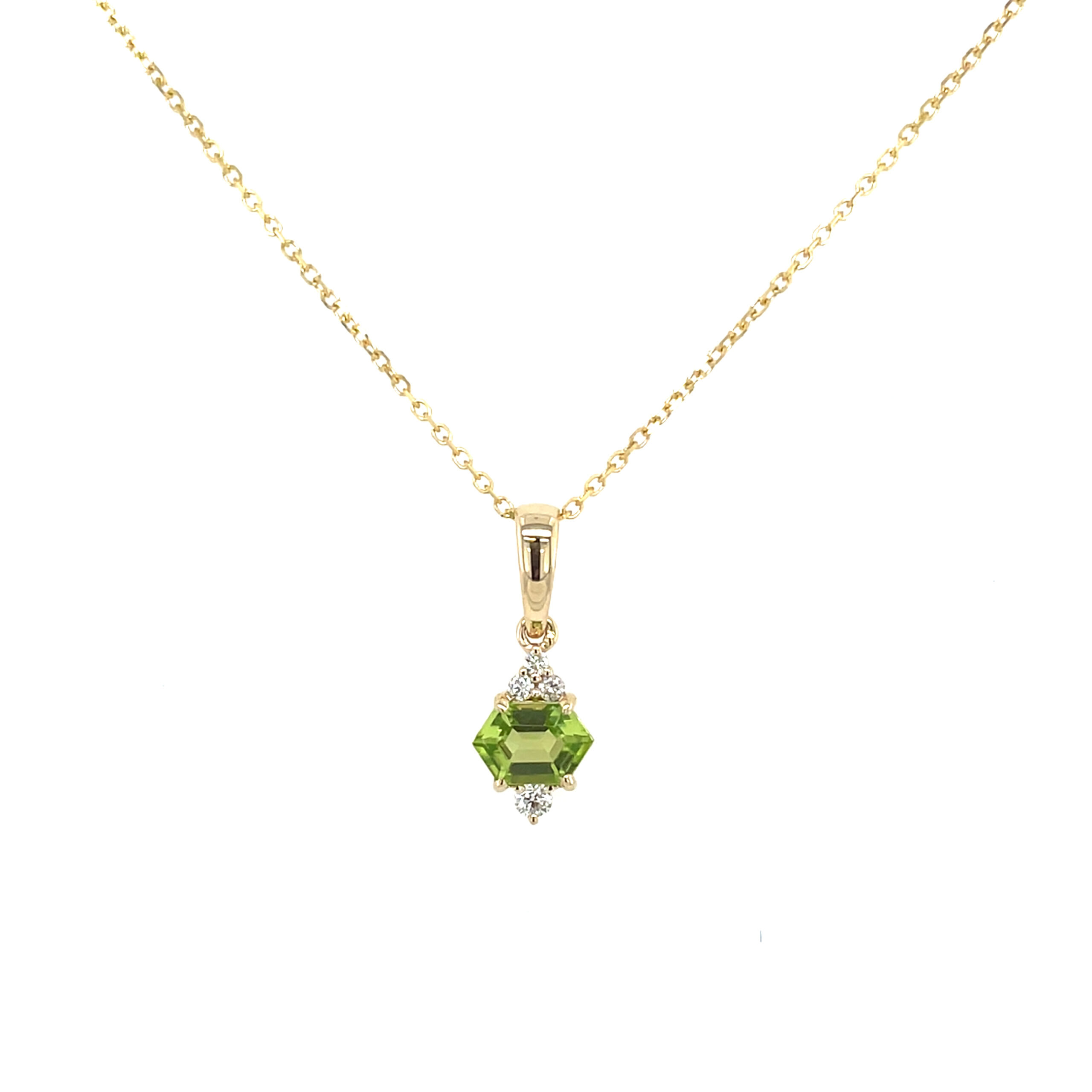 Yellow Gold Hexagon Peridot Necklace with Diamonds