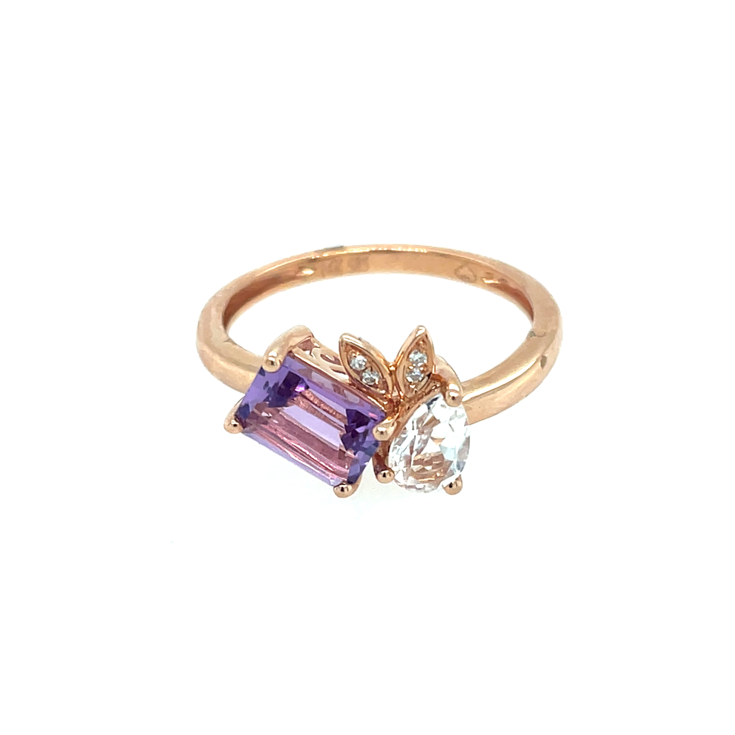 Rose Gold Amethyst Ring with White Topaz & Diamonds