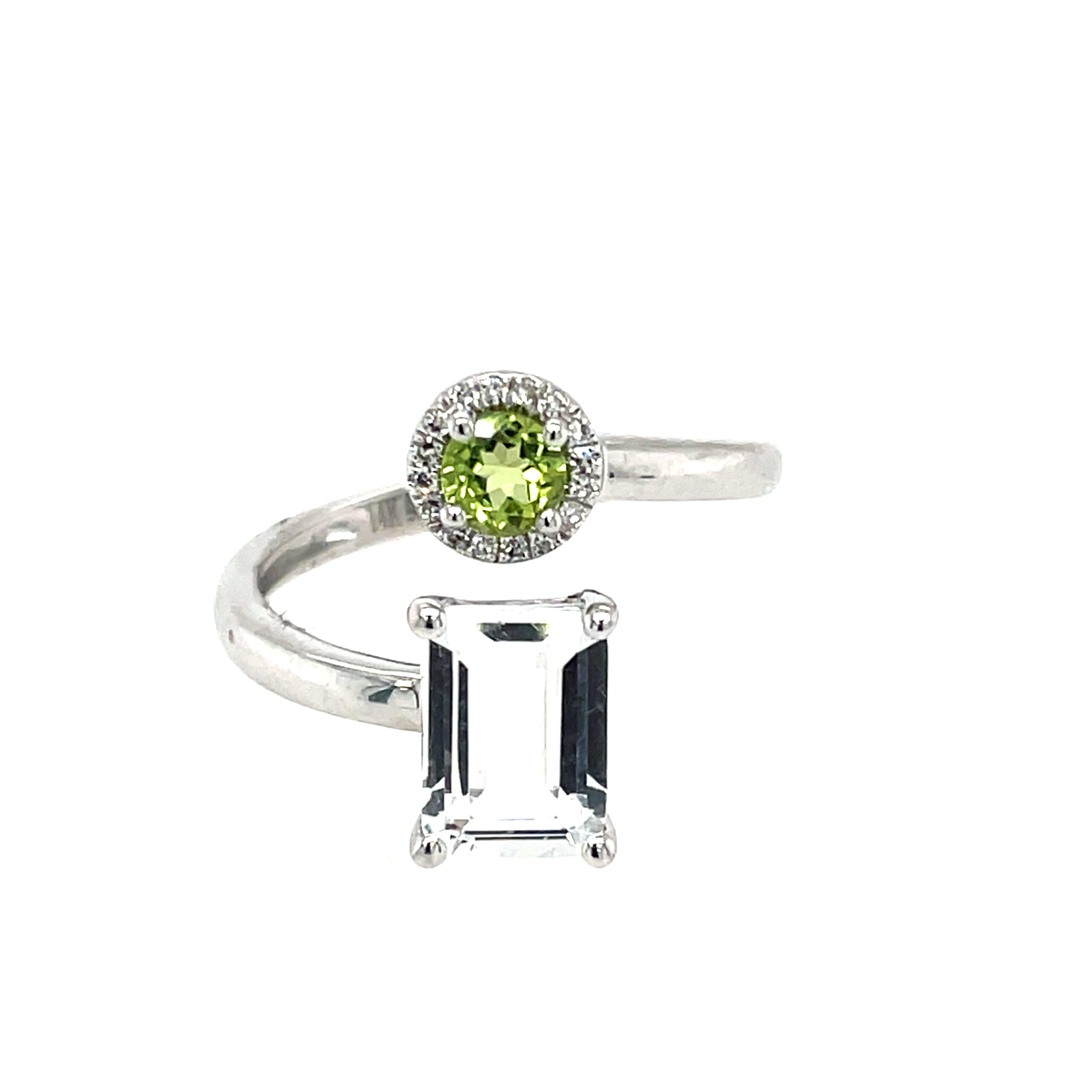 White Gold White Topaz, Peridot, & Diamond Halo Ring