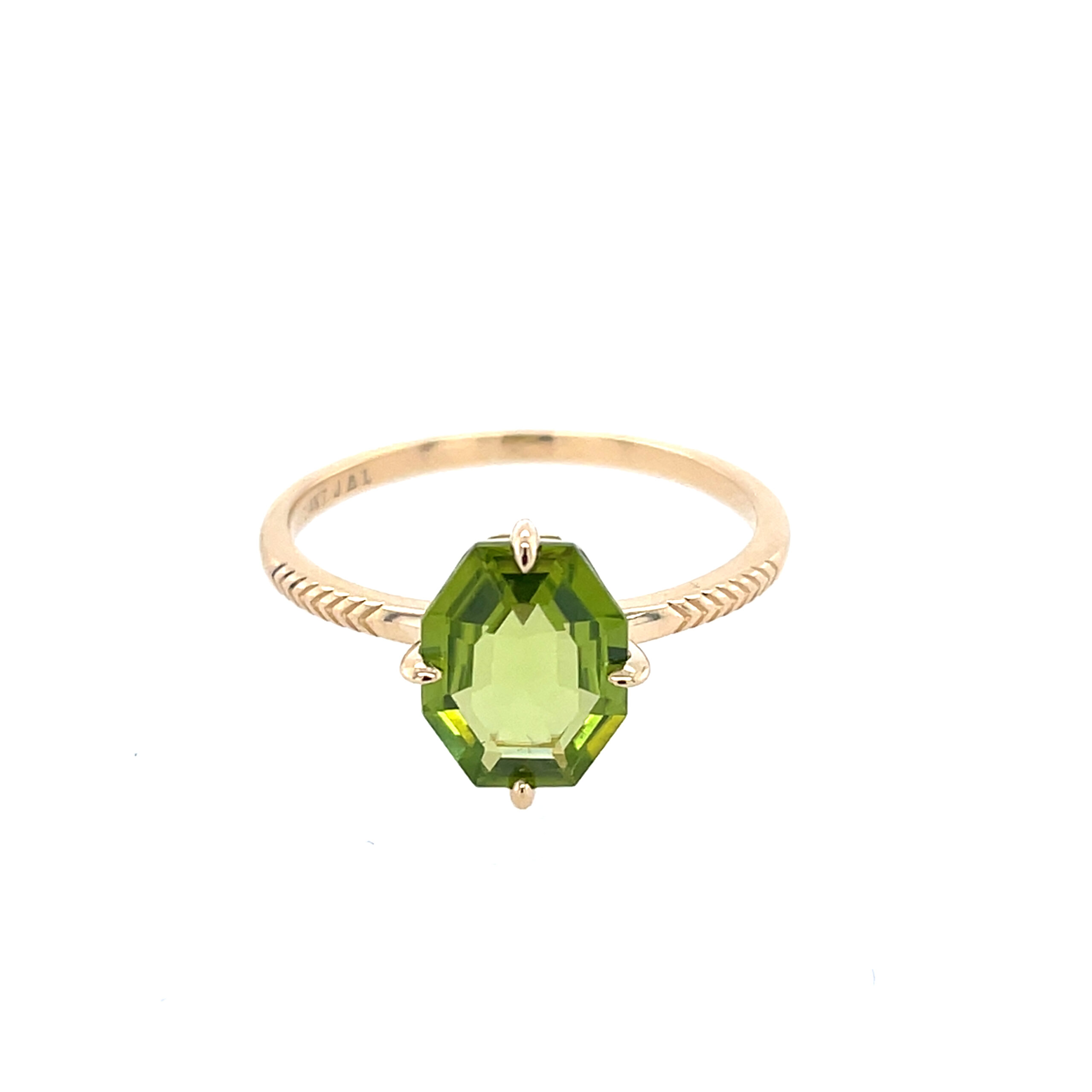 Yellow Gold Hexagon Peridot Ring with Herringbone Shank