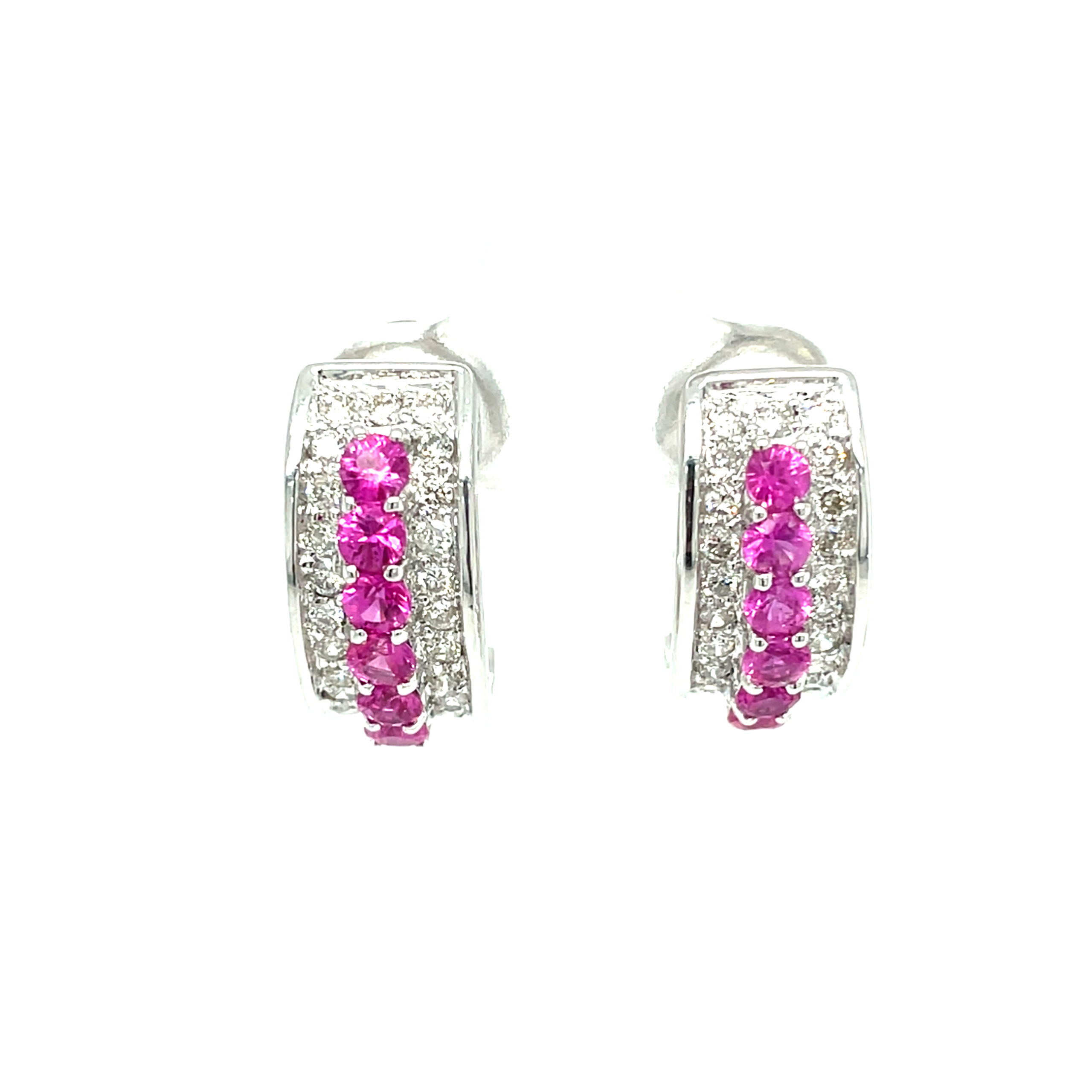 Estate:  White Gold J-Hoop Earrings with Pink Sapphires & Diamonds