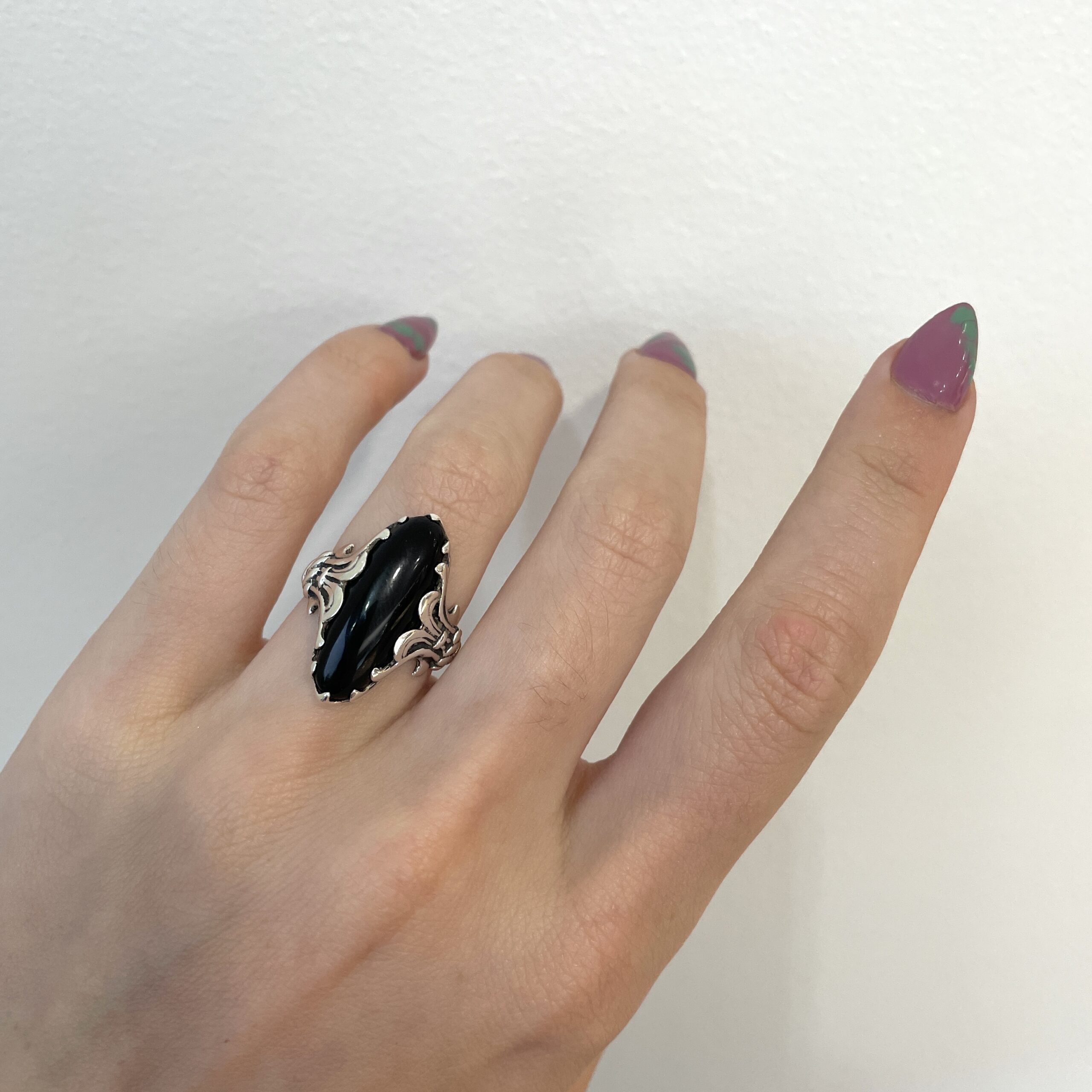 Estate:  Sterling Silver Filigree Onyx Ring