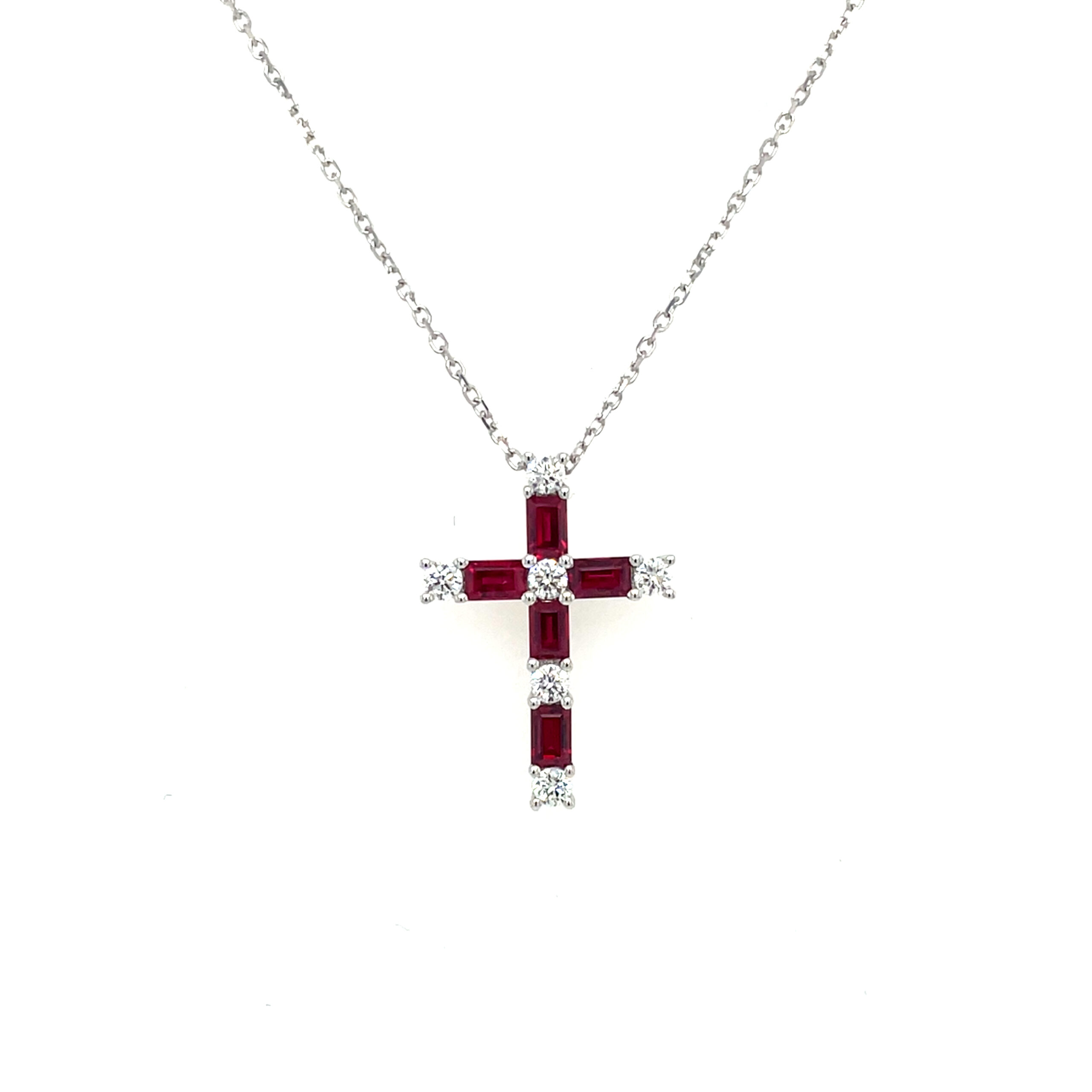 White Gold Ruby and Diamond Cross Pendant Necklace