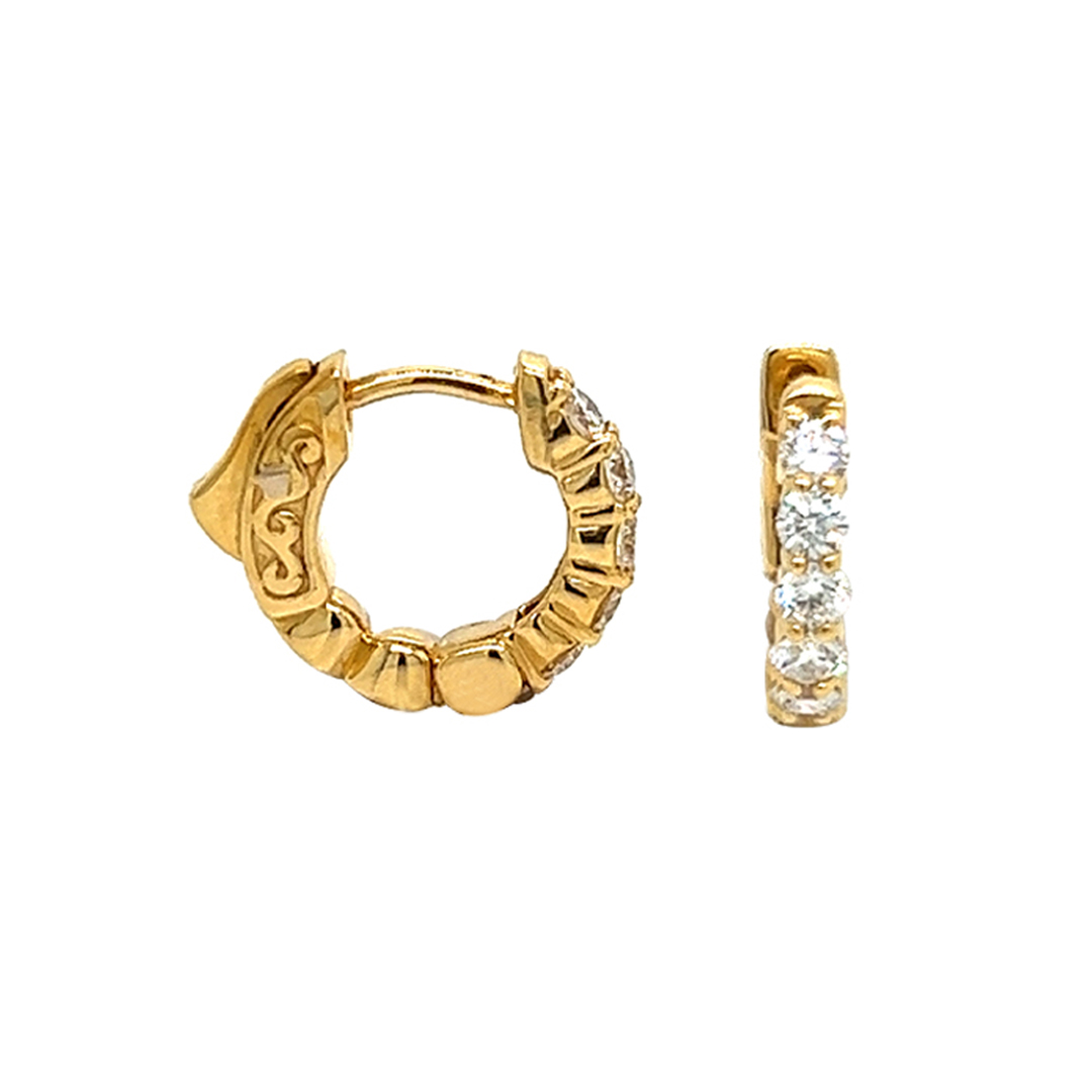 18 Karat Yellow Gold Huggie Hoop Earrings With Diamonds