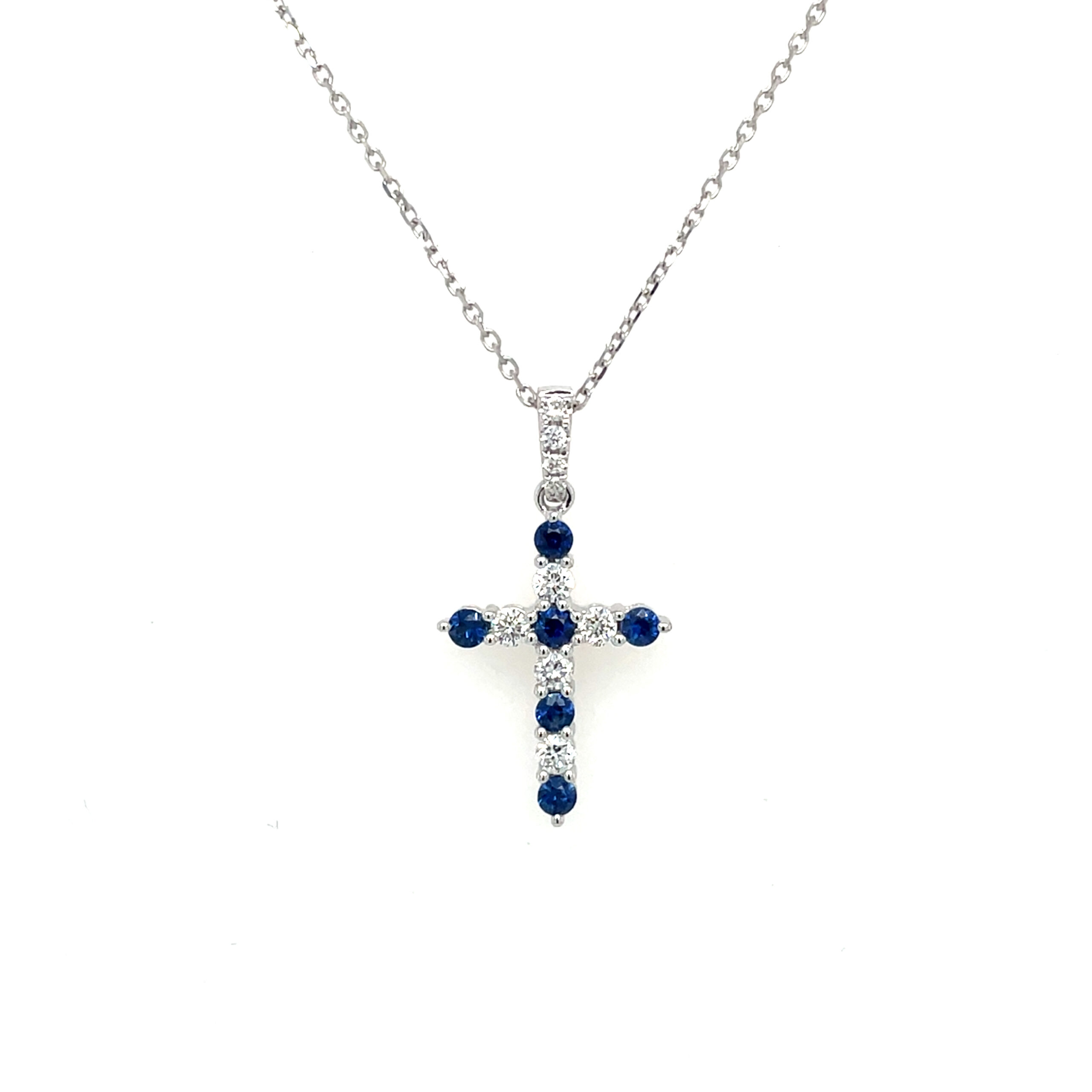 White Gold Diamond & Sapphire Cross Pendant Necklace