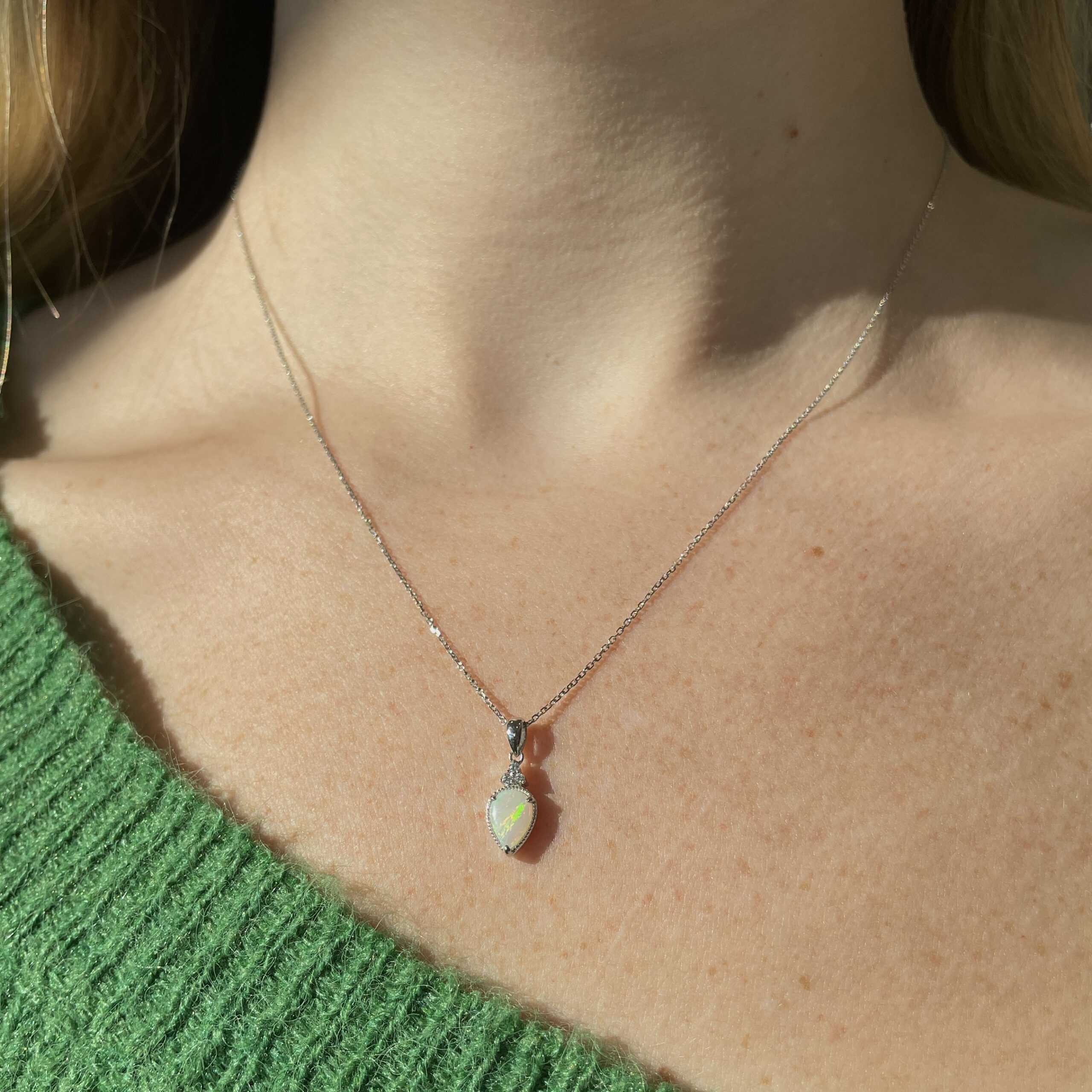 White Gold Opal Milgrain Necklace with Diamonds